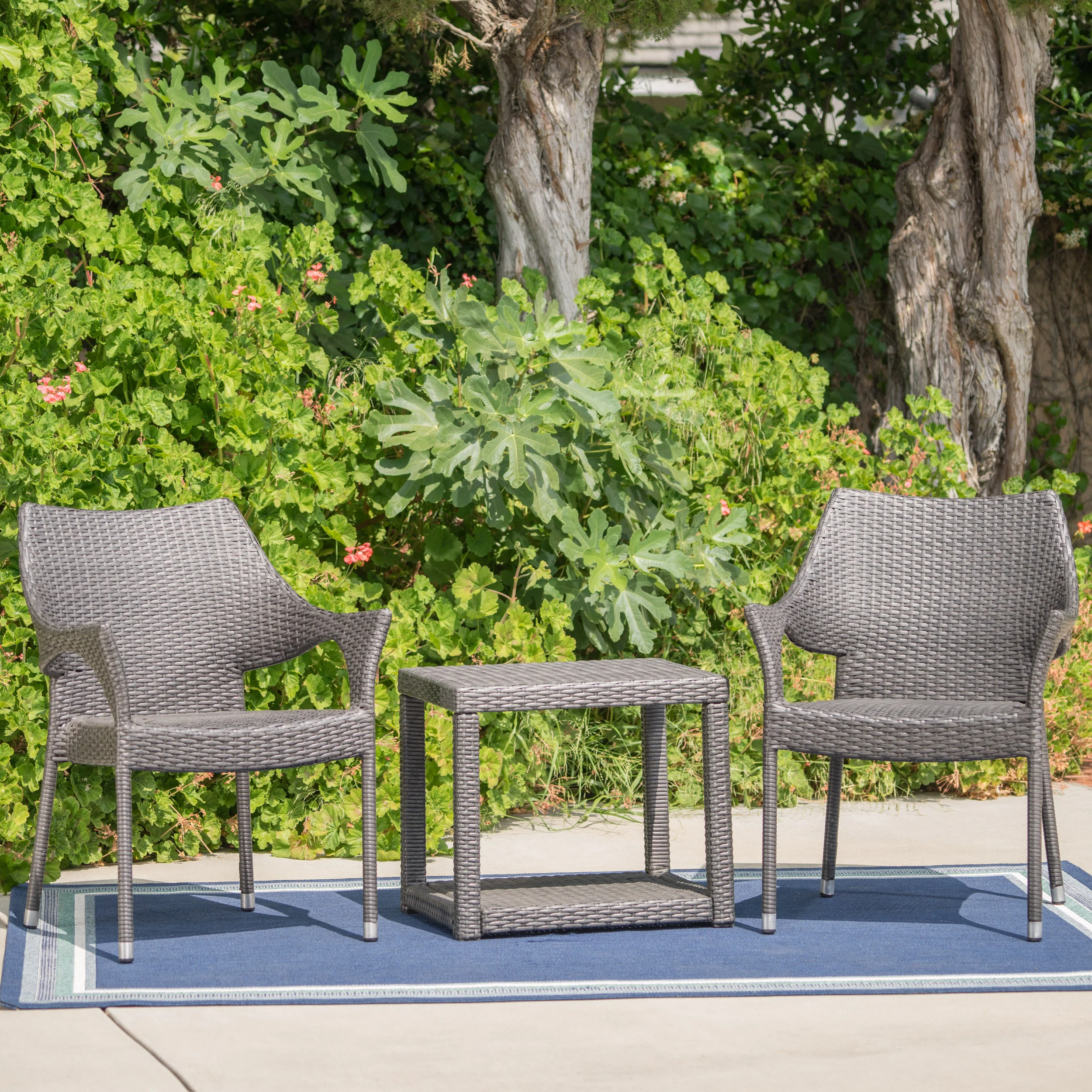 Alfheimr Outdoor 3 Piece Grey Wicker Stacking Chair Chat Set - furnishings
