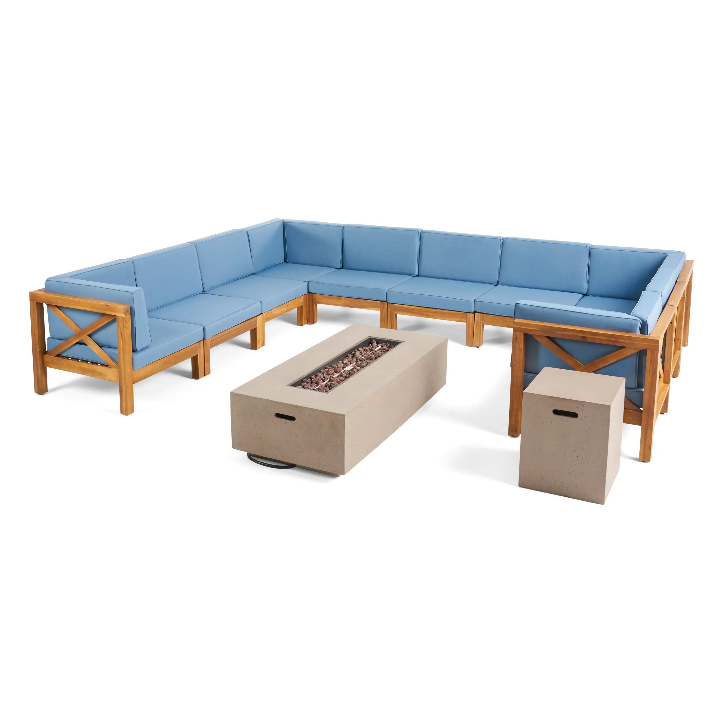 Cynthia Outdoor Acacia Wood 10 Pieces U-Shaped Sectional Sofa Set with Fire Pit - furnishings
