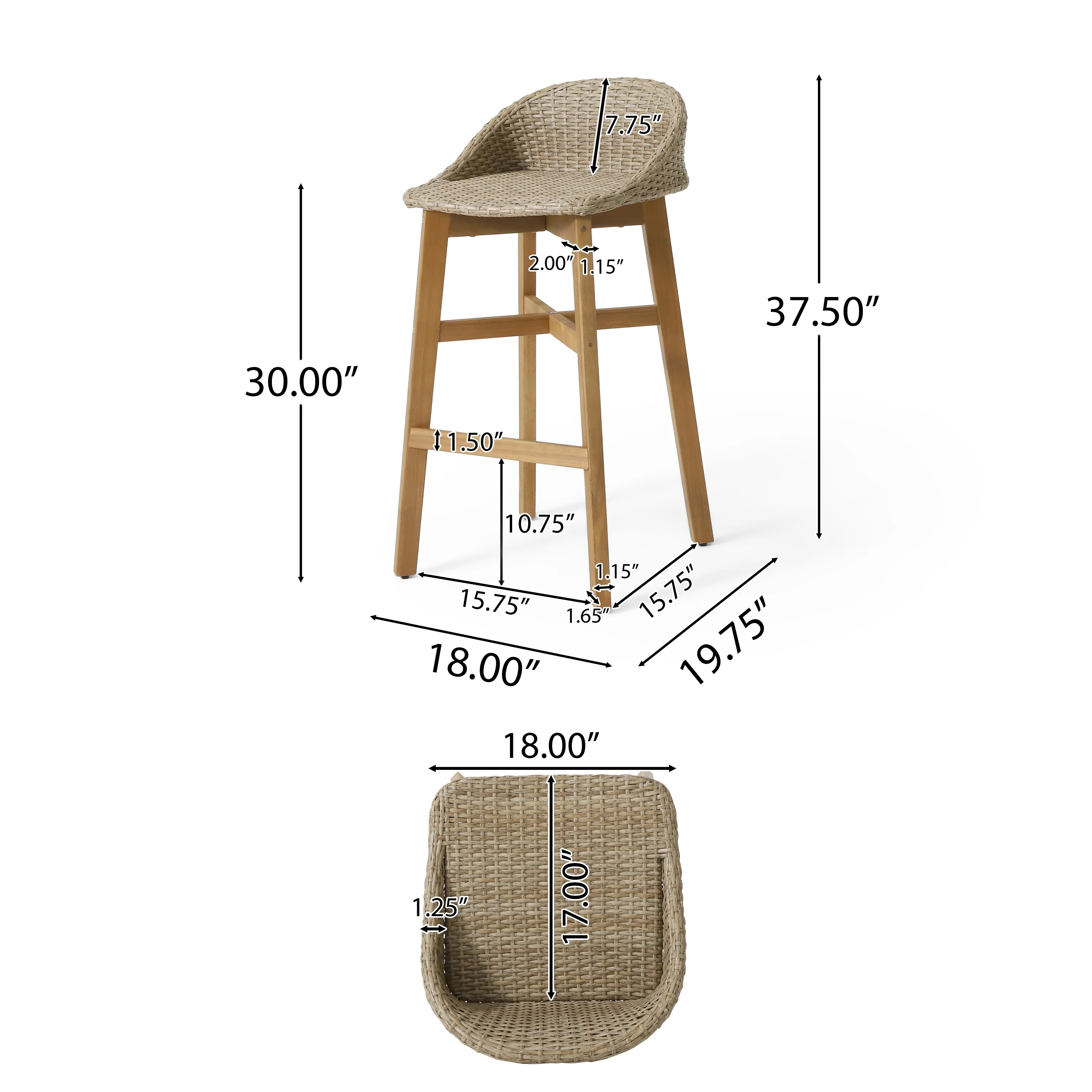 Beeson Outdoor Wicker and Acacia Wood 30 Inch Barstools, Set of 4, Light Multibrown and Teak - furnishings