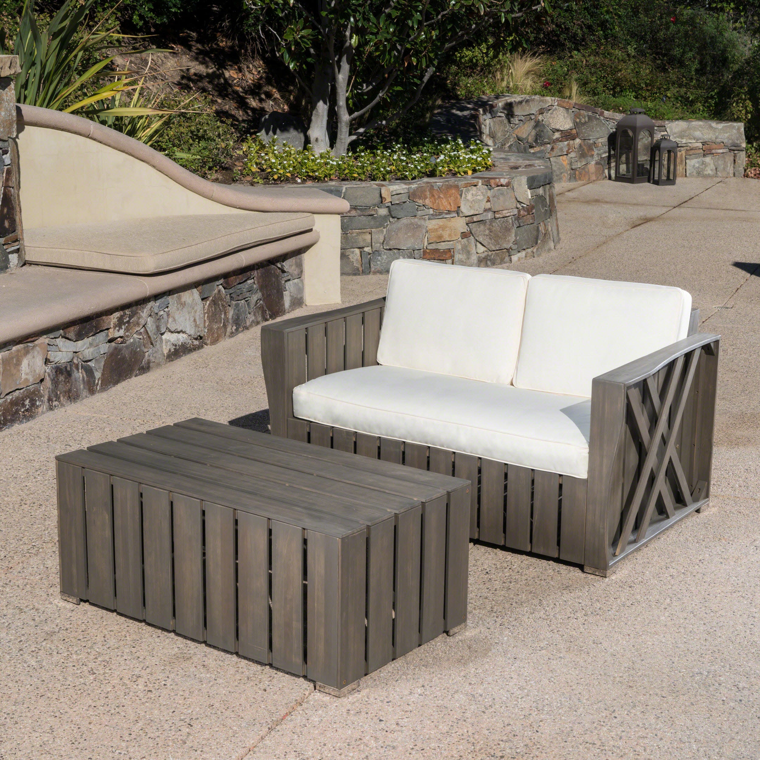 Edward Outdoor Acacia Wood Loveseat and Coffee Table Set with Cushions - furnishings
