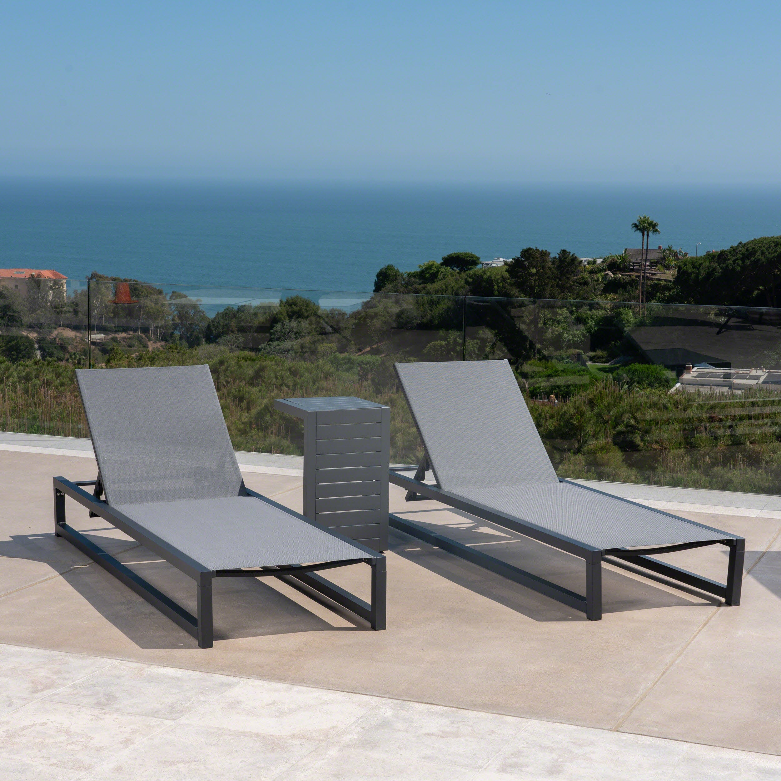 Michelle Outdoor 3 Piece Gray Mesh Rust-Proof Aluminum Frame Chaise Lounge Set - furnishings