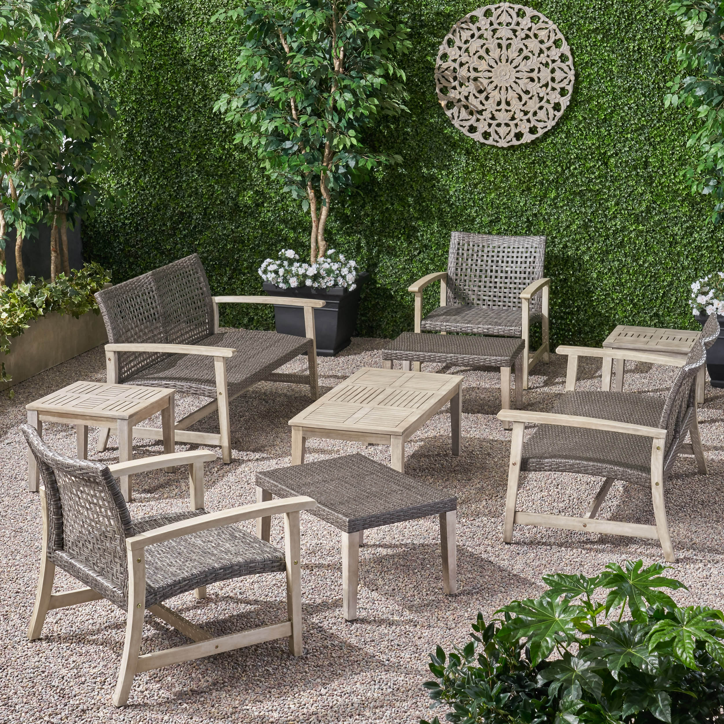 Alyssa Outdoor 9 Piece Wood and Wicker Chat Set - furnishings