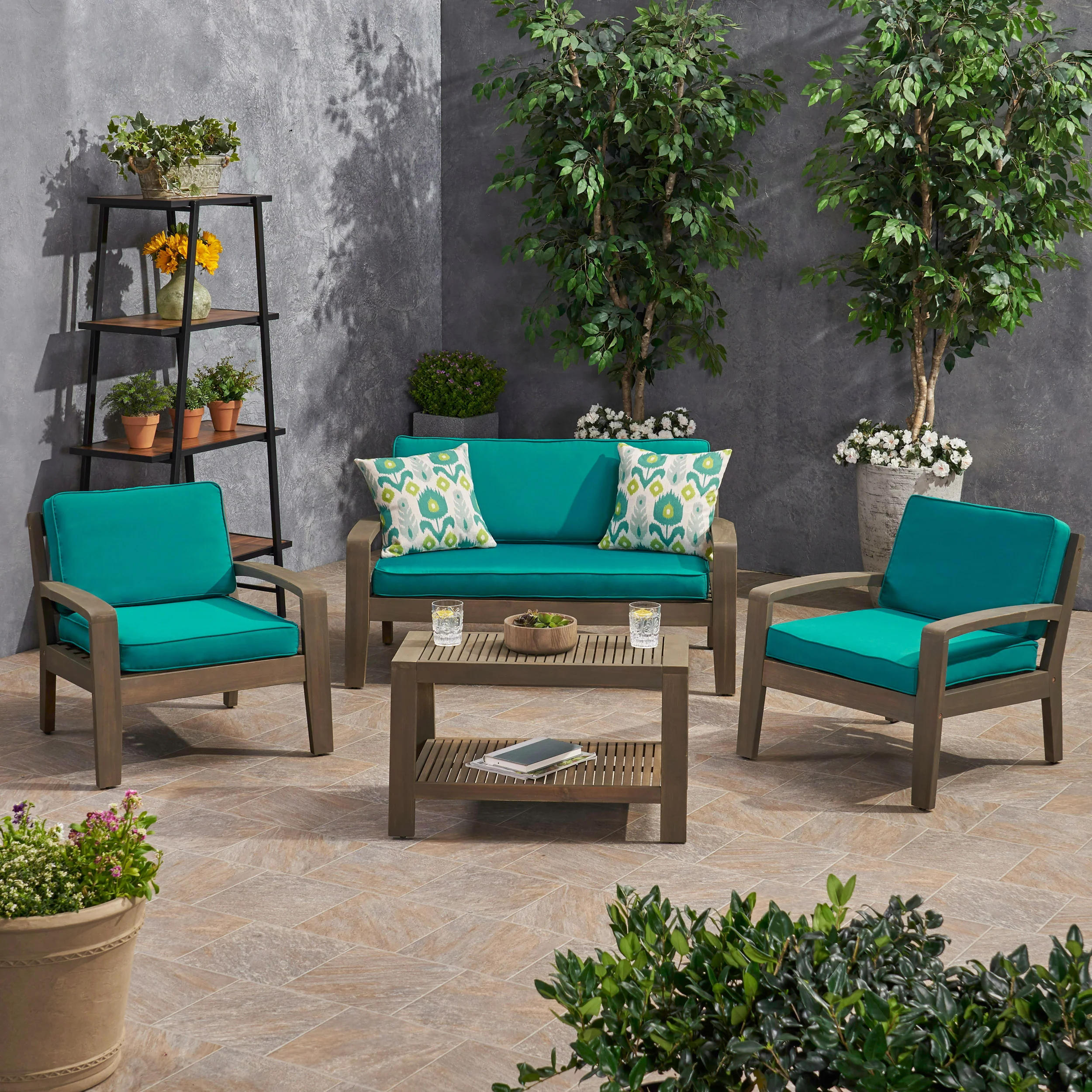 Parma Patio Acacia Wood 4-Seater Conversation Set with Coffee Table and Sunbrella Cushions - furnishings