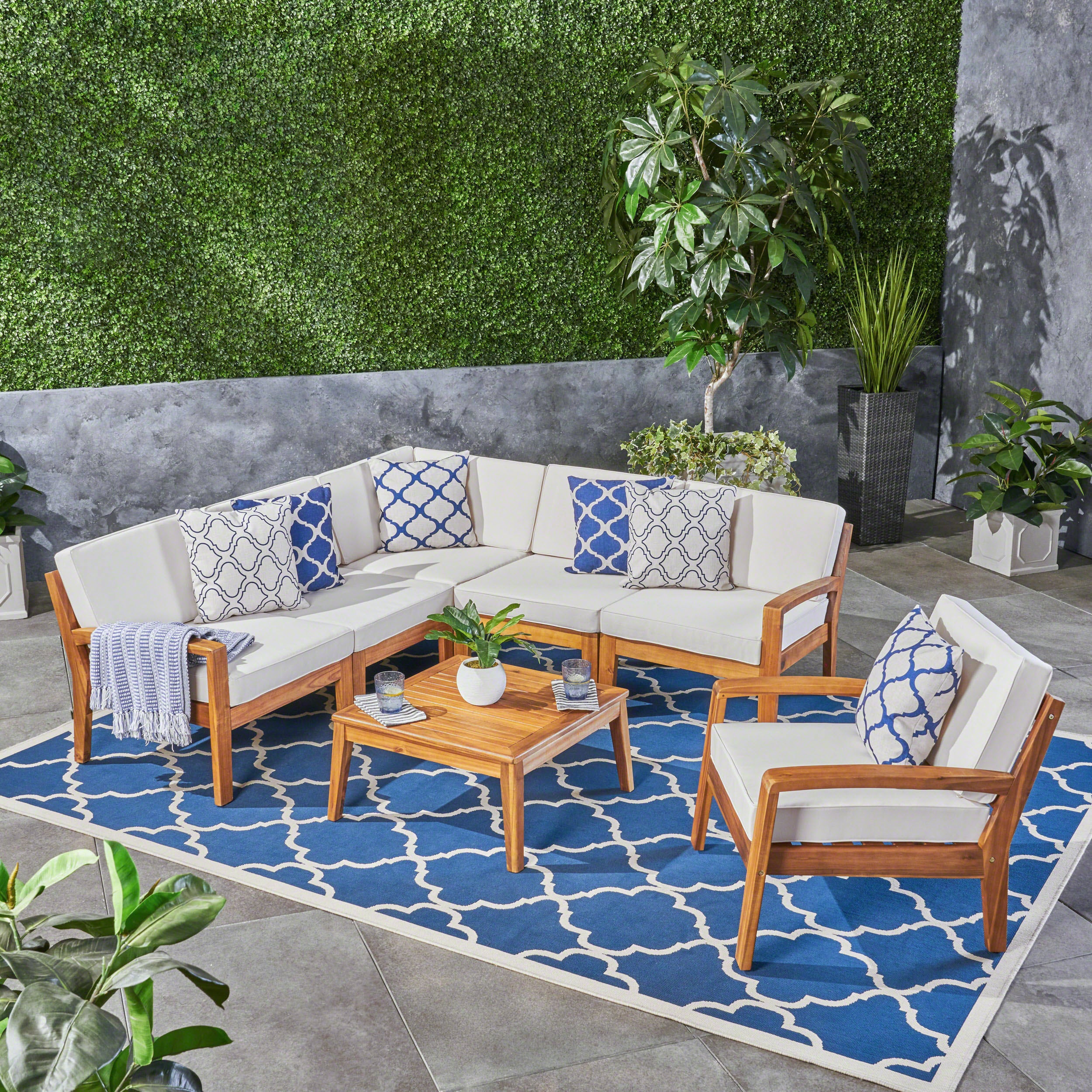 Giselle Outdoor Acacia Wood 6 Seater Sectional Sofa and Club Chair Set with Coffee Table - furnishings