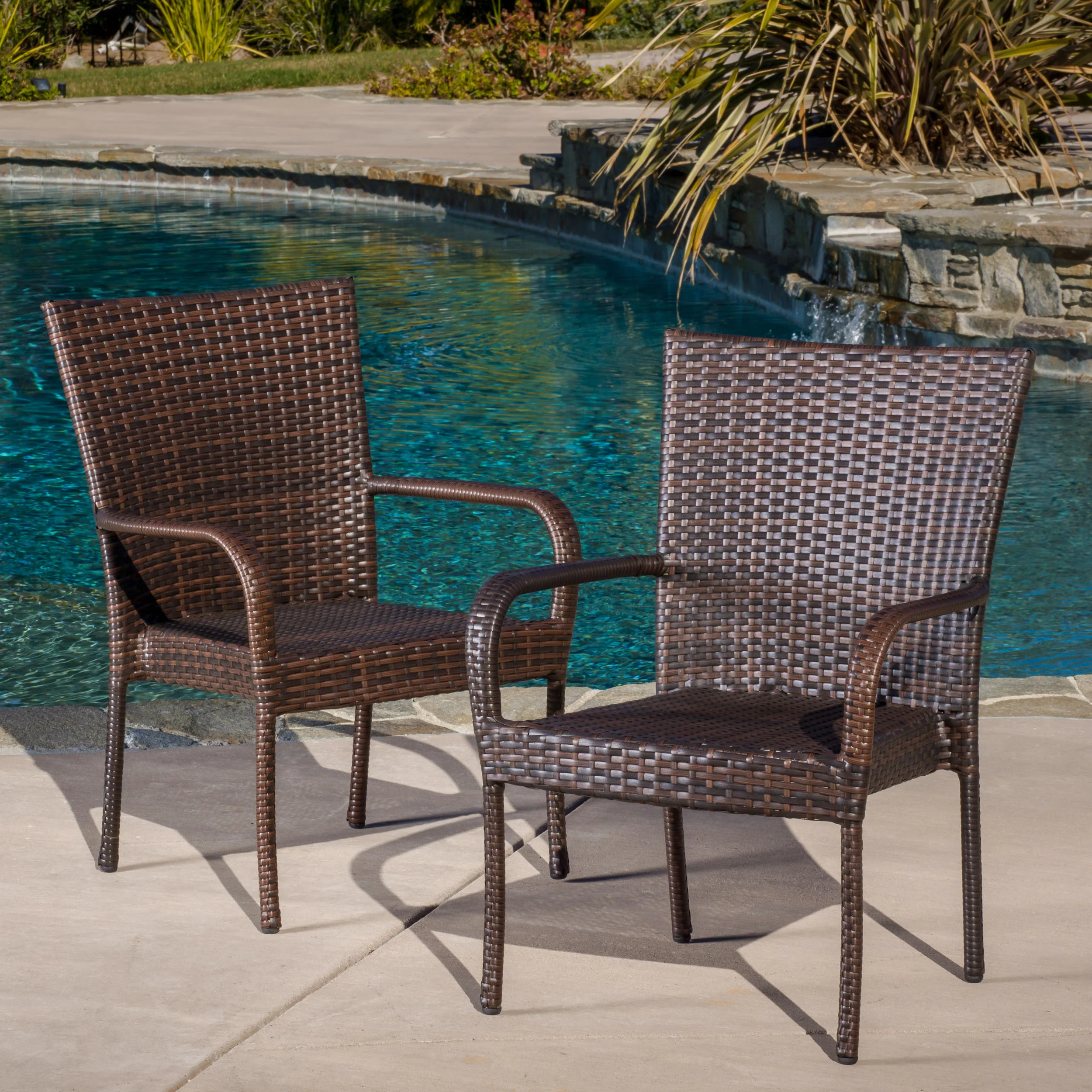 Parham Outdoor 3 Piece Multi-brown Wicker Stacking Chair Chat Set - furnishings
