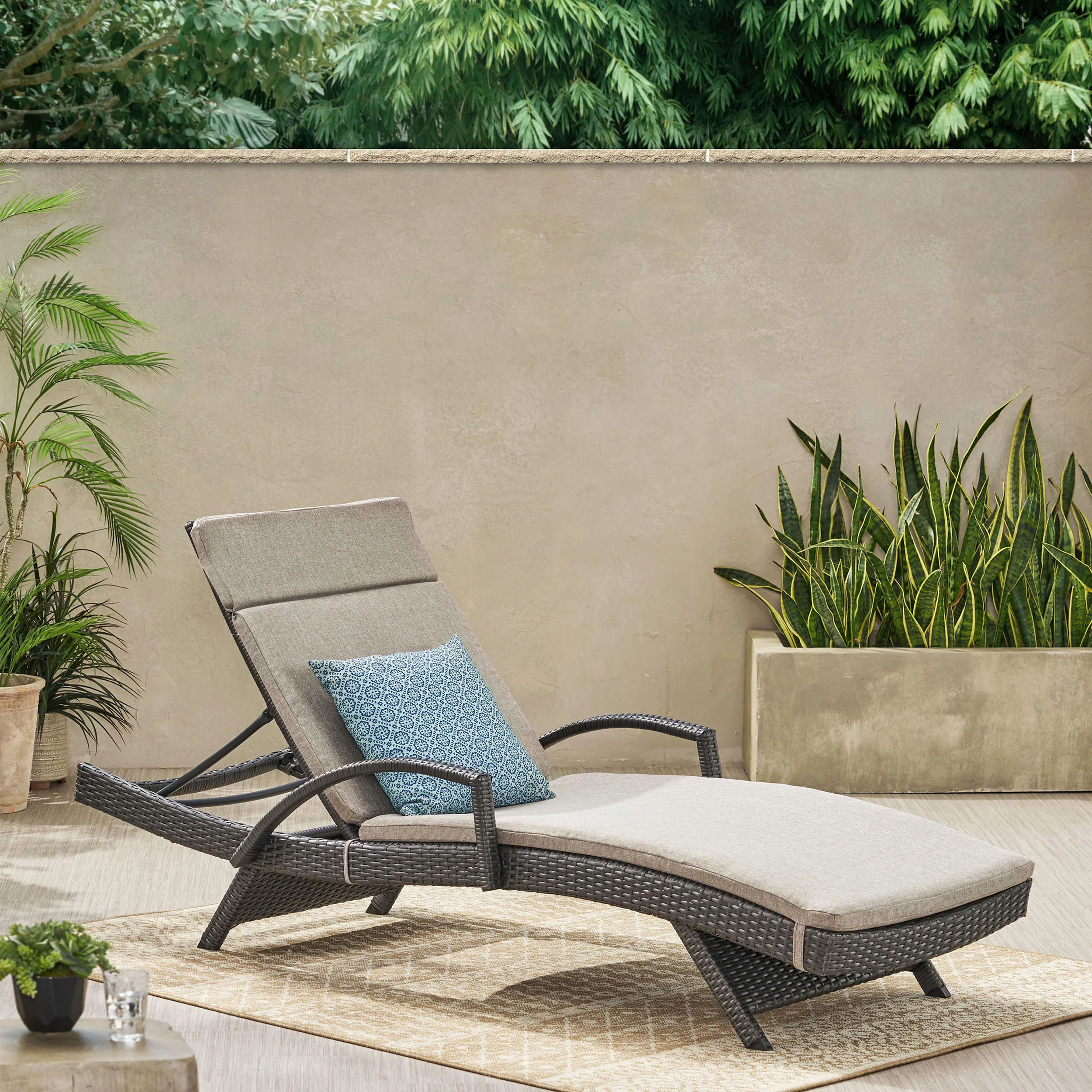 Solaris Outdoor Grey Wicker Armed Chaise Lounge w/ Water Resistant Cushion - furnishings