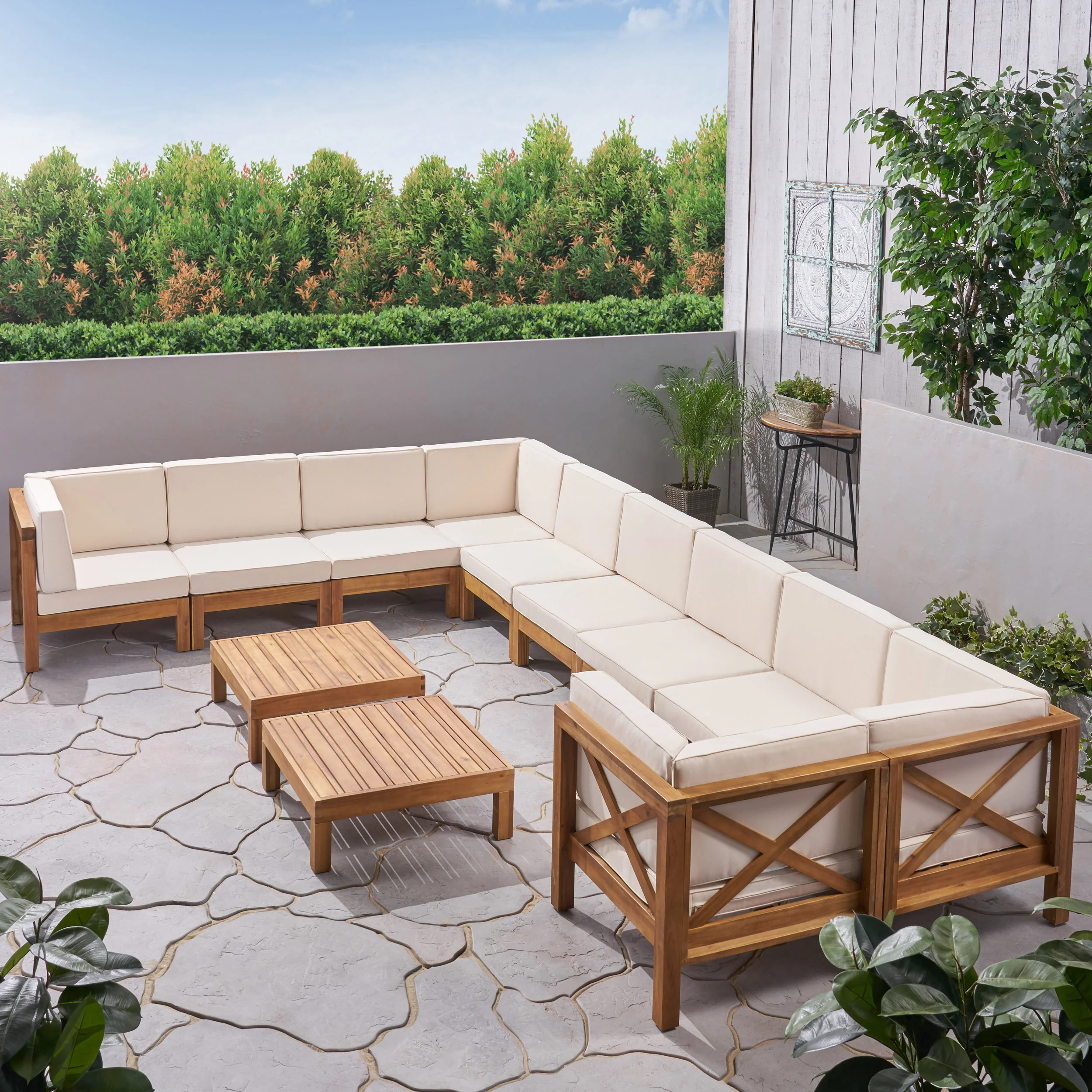 Cynthia Outdoor Acacia Wood 10 Seater U-Shaped Sectional Sofa Set with Two Coffee Tables - furnishings