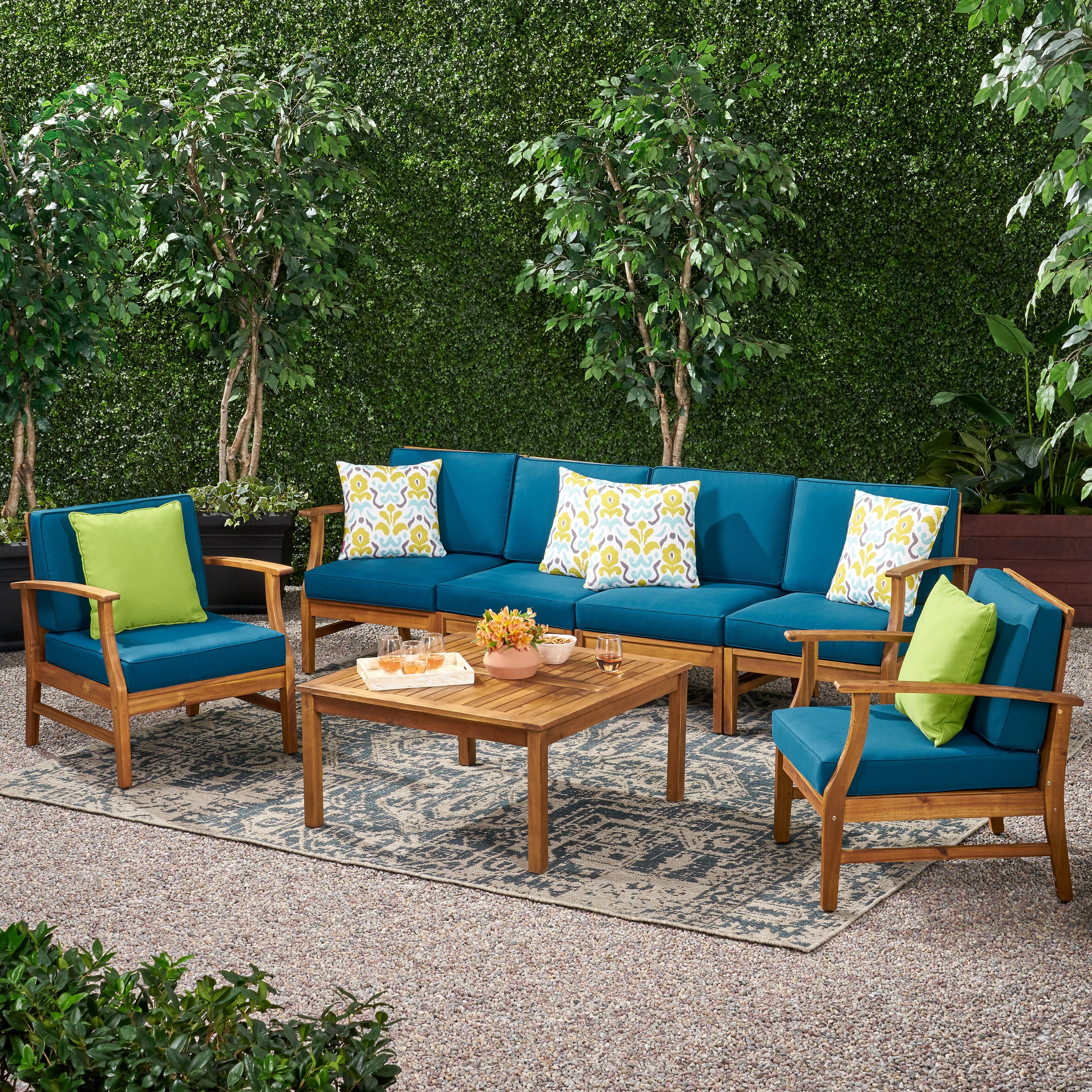 Scarlett Outdoor 6 Seat Teak Finished Acacia Wood Sofa and Table Set - furnishings