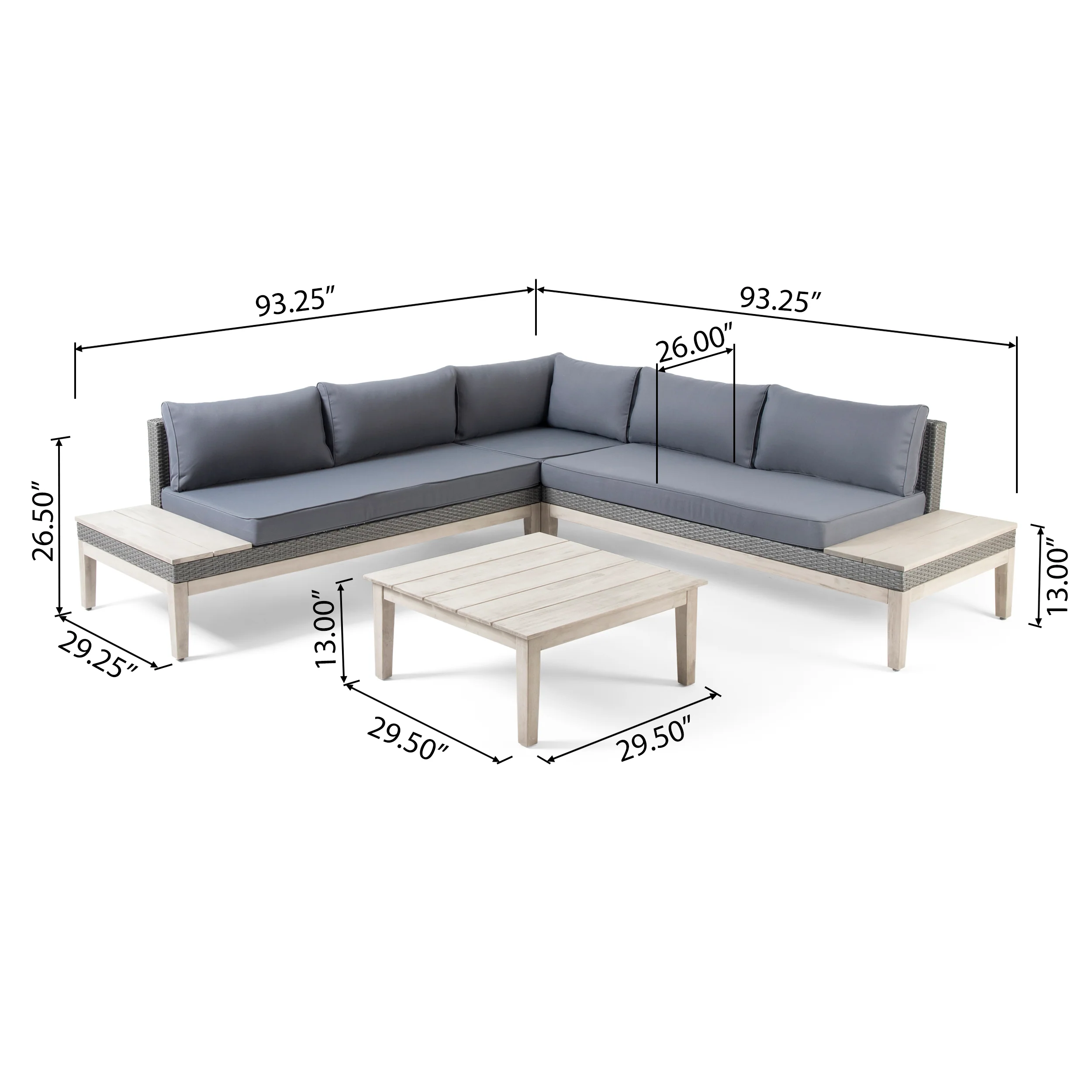 Emanuel Outdoor Acacia Wood and Wicker 5 Seater Sectional Sofa Set with Water-Resistant Cushions - furnishings