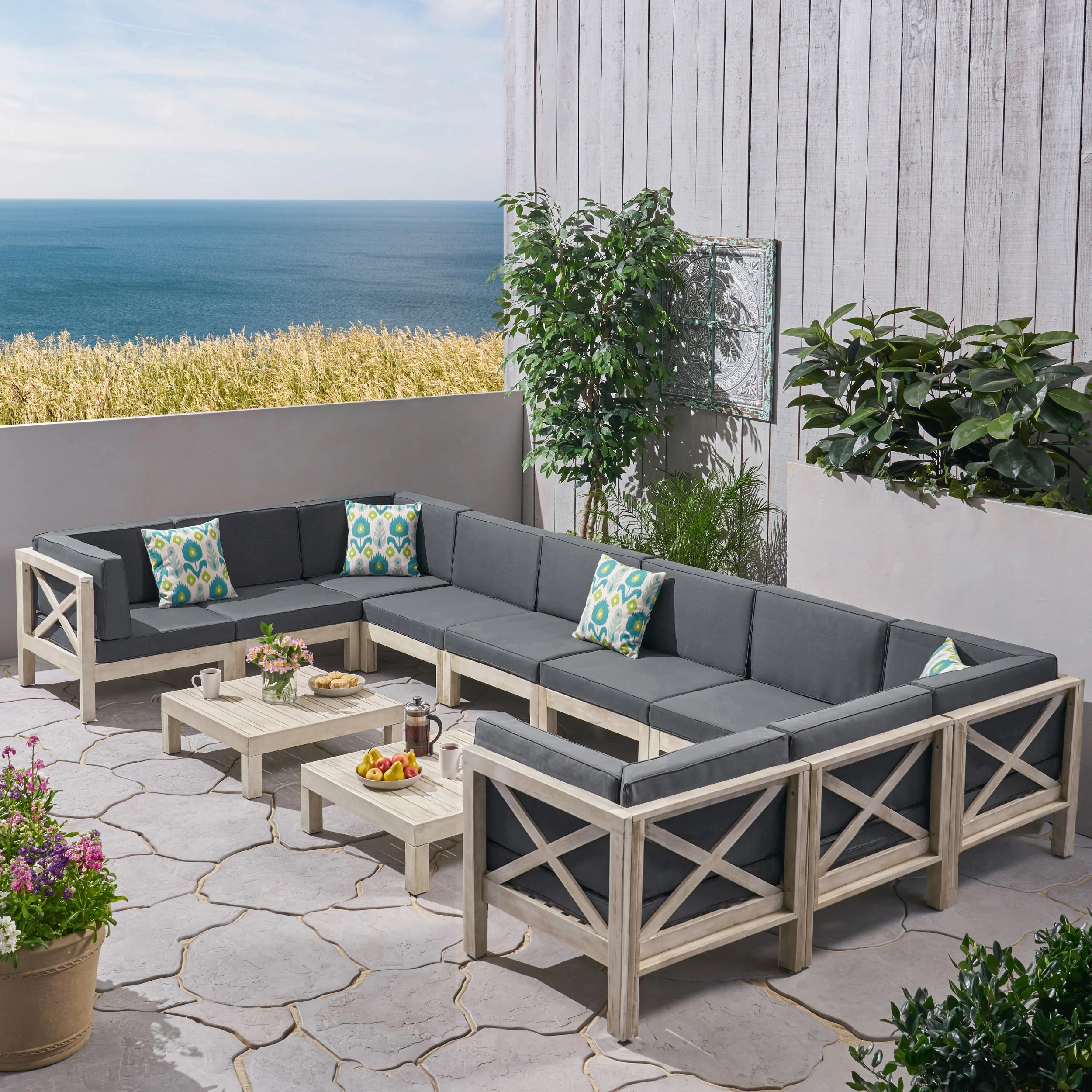 Cynthia Outdoor Acacia Wood 10 Seater U-Shaped Sectional Sofa Set with Two Coffee Tables - furnishings
