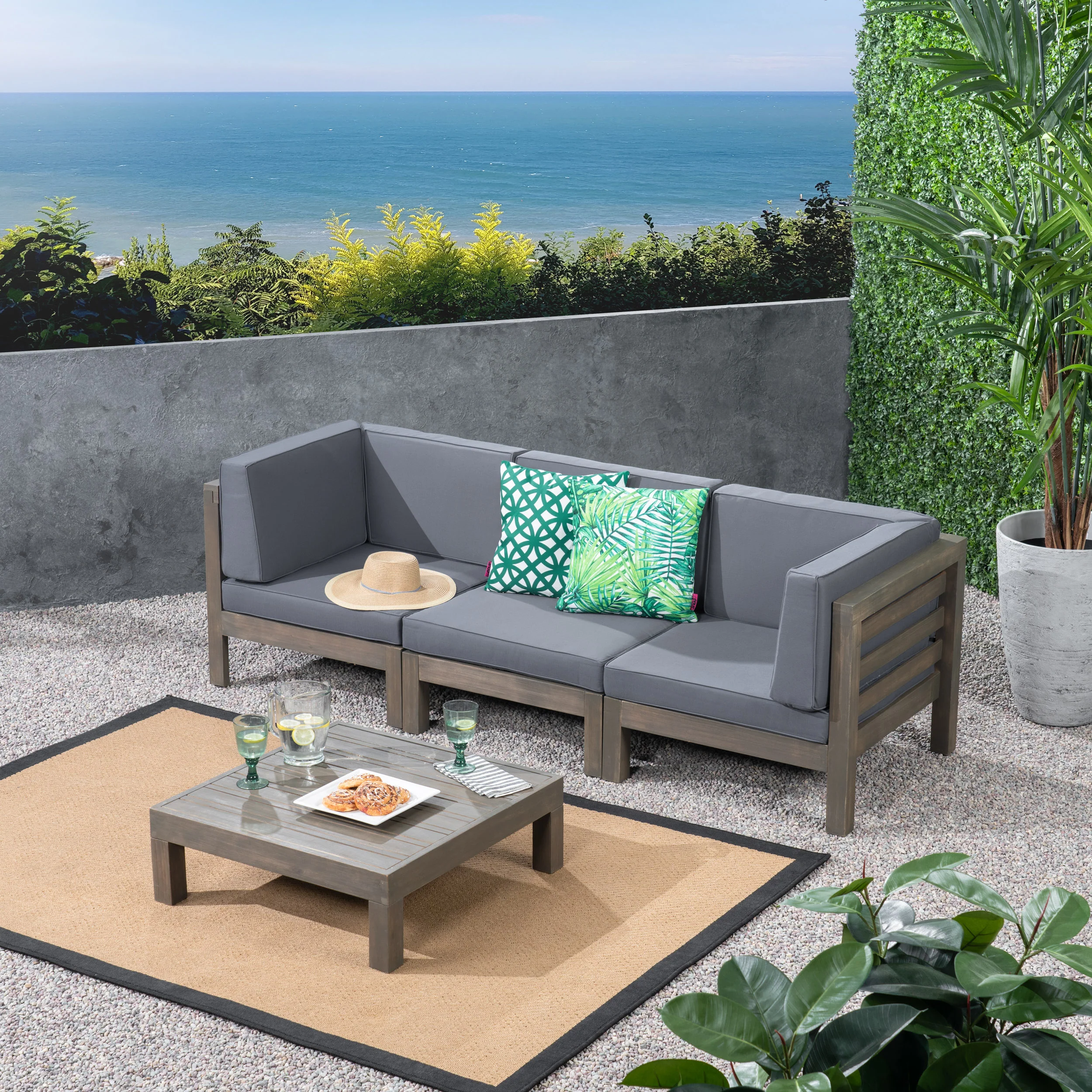 Dawson Outdoor Sectional Sofa Set with Coffee Table - 4-Piece 3-Seater - Acacia Wood - Outdoor Cushions - furnishings
