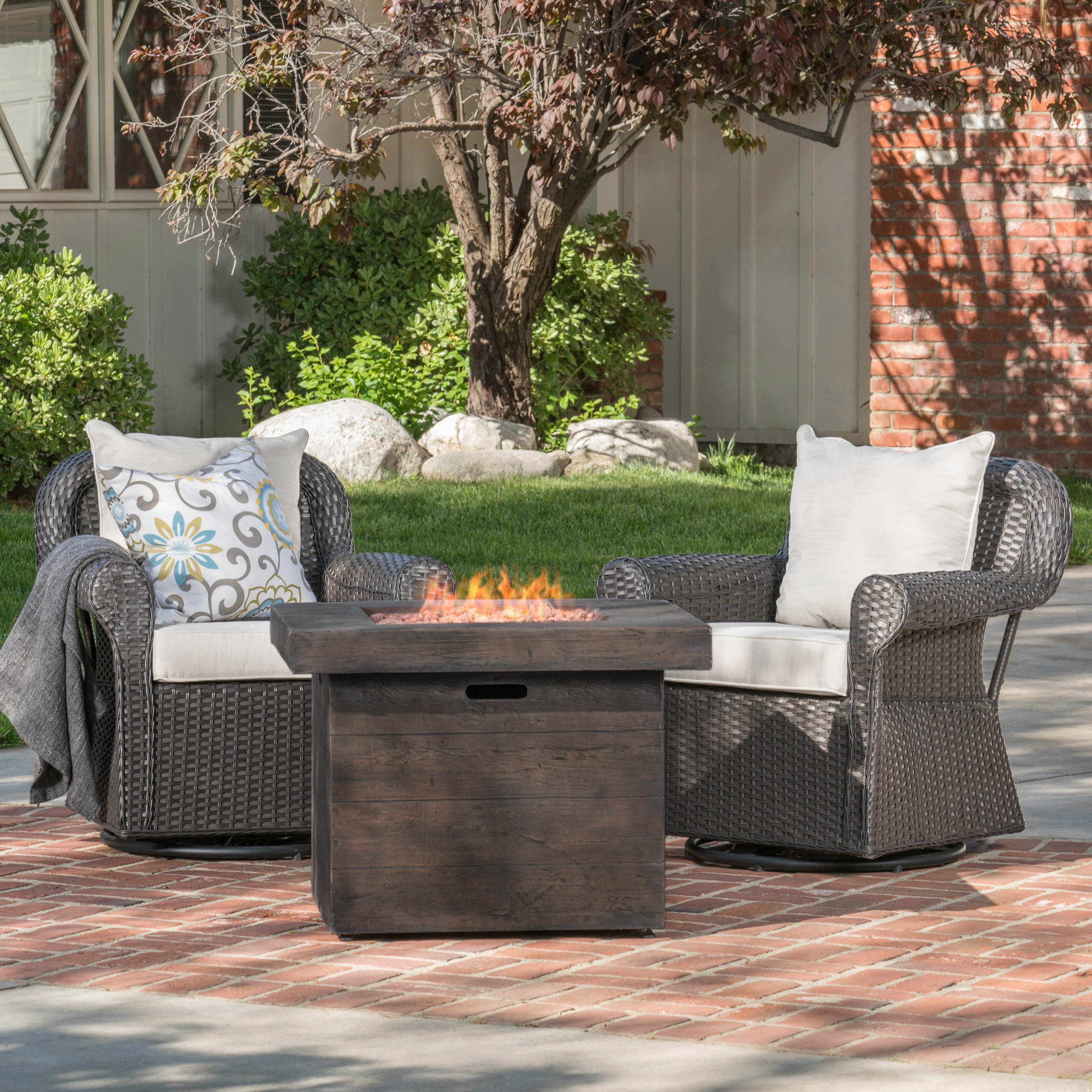 Augusta Outdoor 3 Piece Wicker Rocker and Gas Firepit Set - furnishings