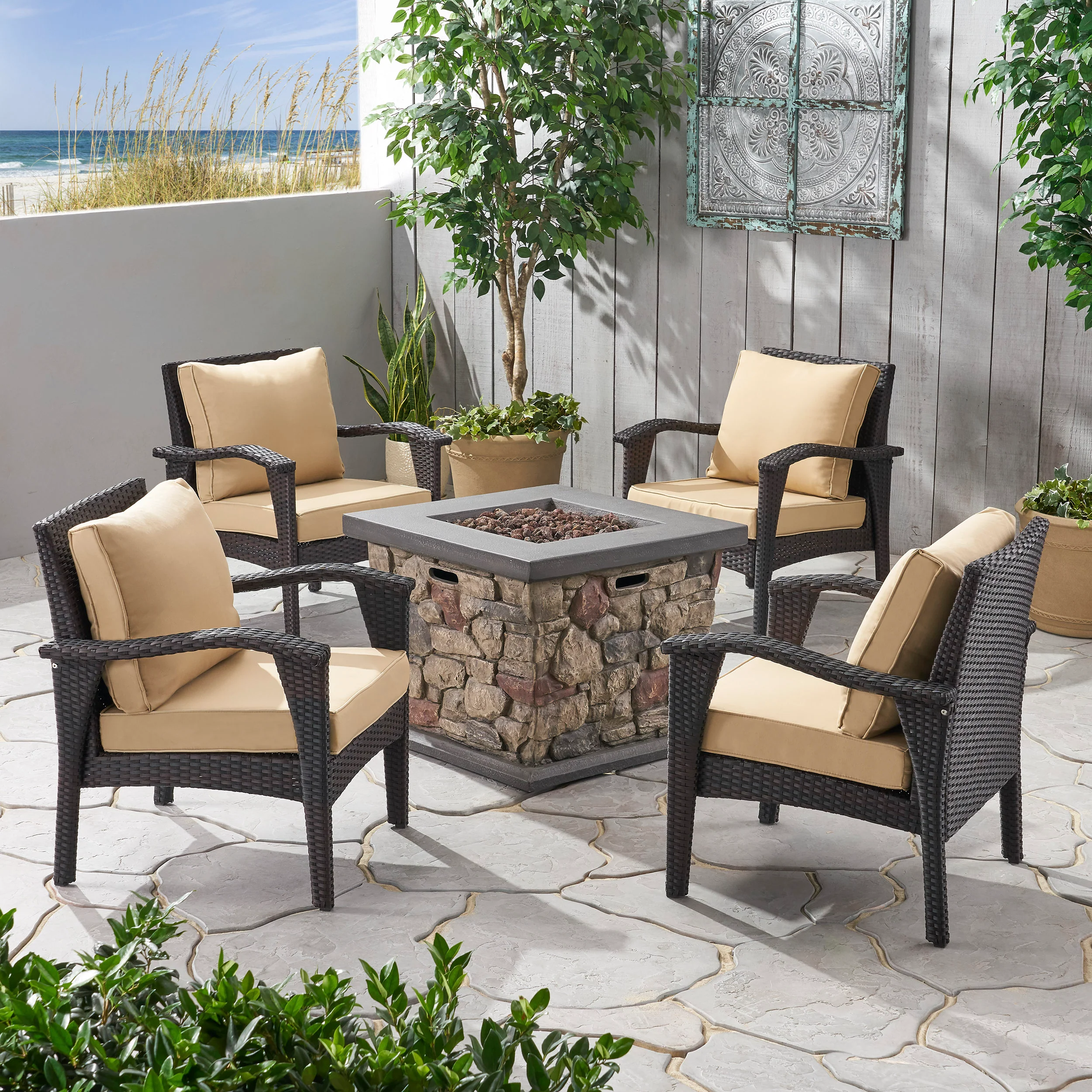 Makenah Outdoor 4 Club Chair Chat Set with Fire Pit - furnishings