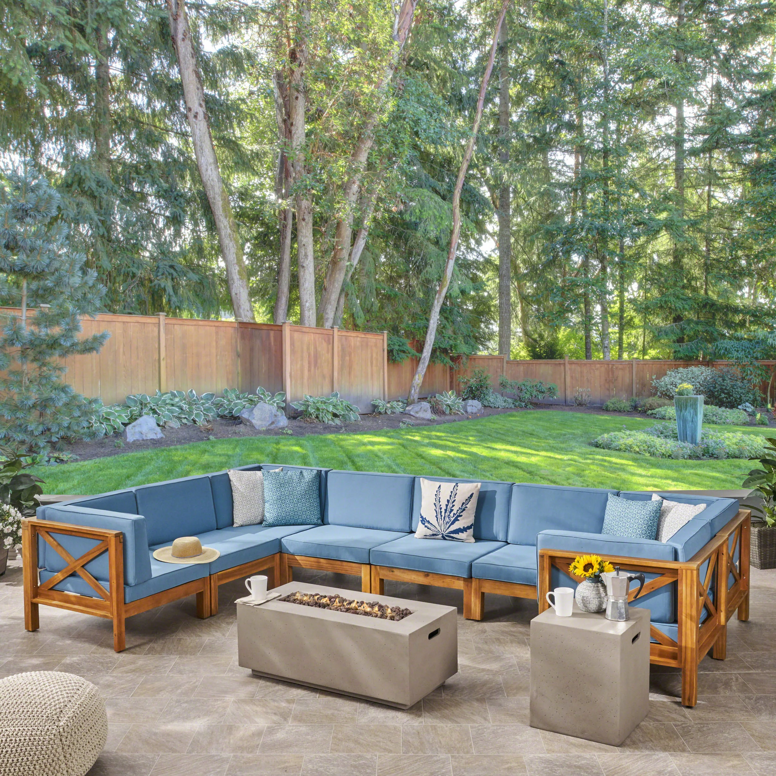Cynthia Outdoor Acacia Wood 8 Seater U-Shaped Sectional Sofa Set with Fire Pit - furnishings