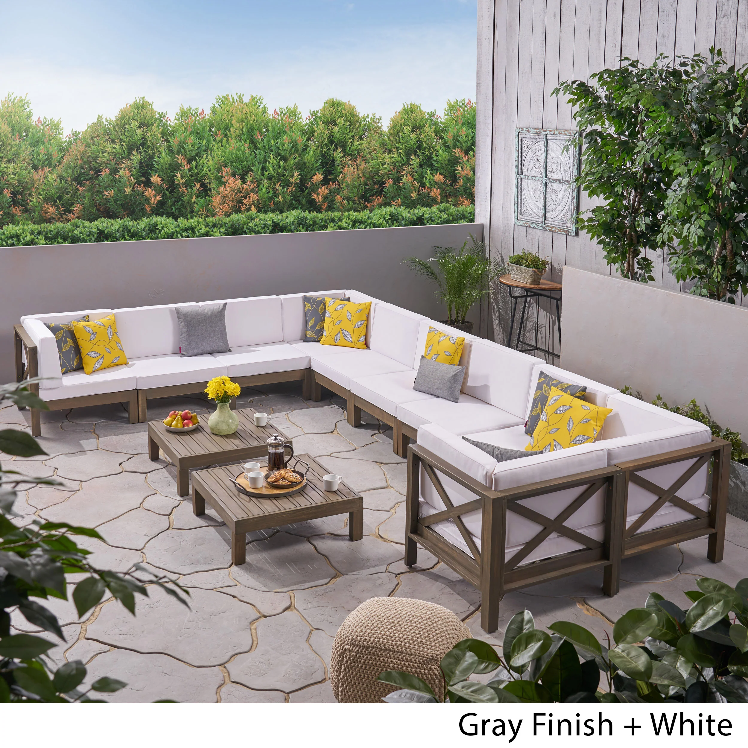 Cynthia Outdoor Acacia Wood 10 Seater U-Shaped Sectional Sofa Set with Two Coffee Tables - furnishings