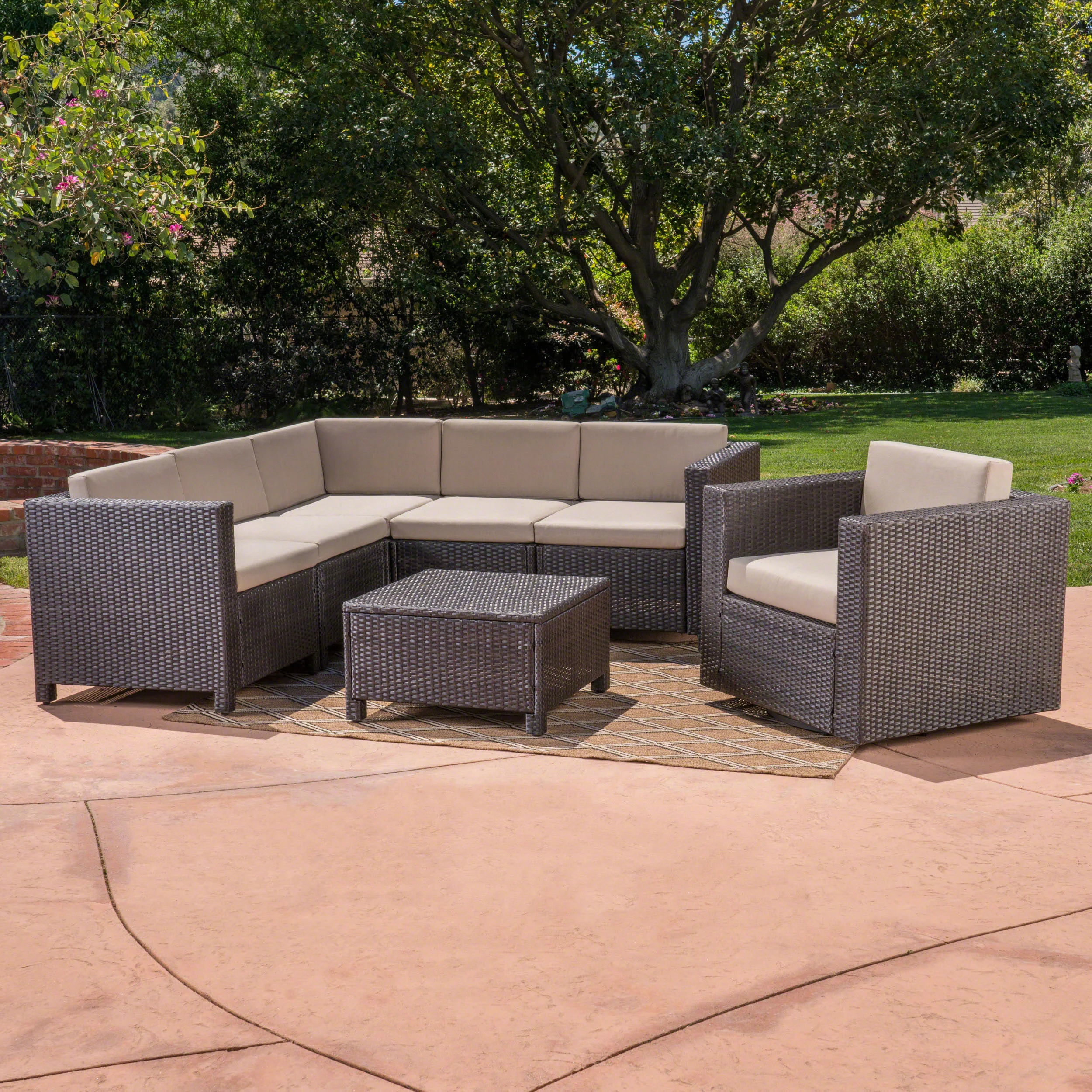 Phillips Outdoor 6 Seater Wicker V-Shaped Sofa and Swivel Chair Set with Water Resistant Cushions - furnishings