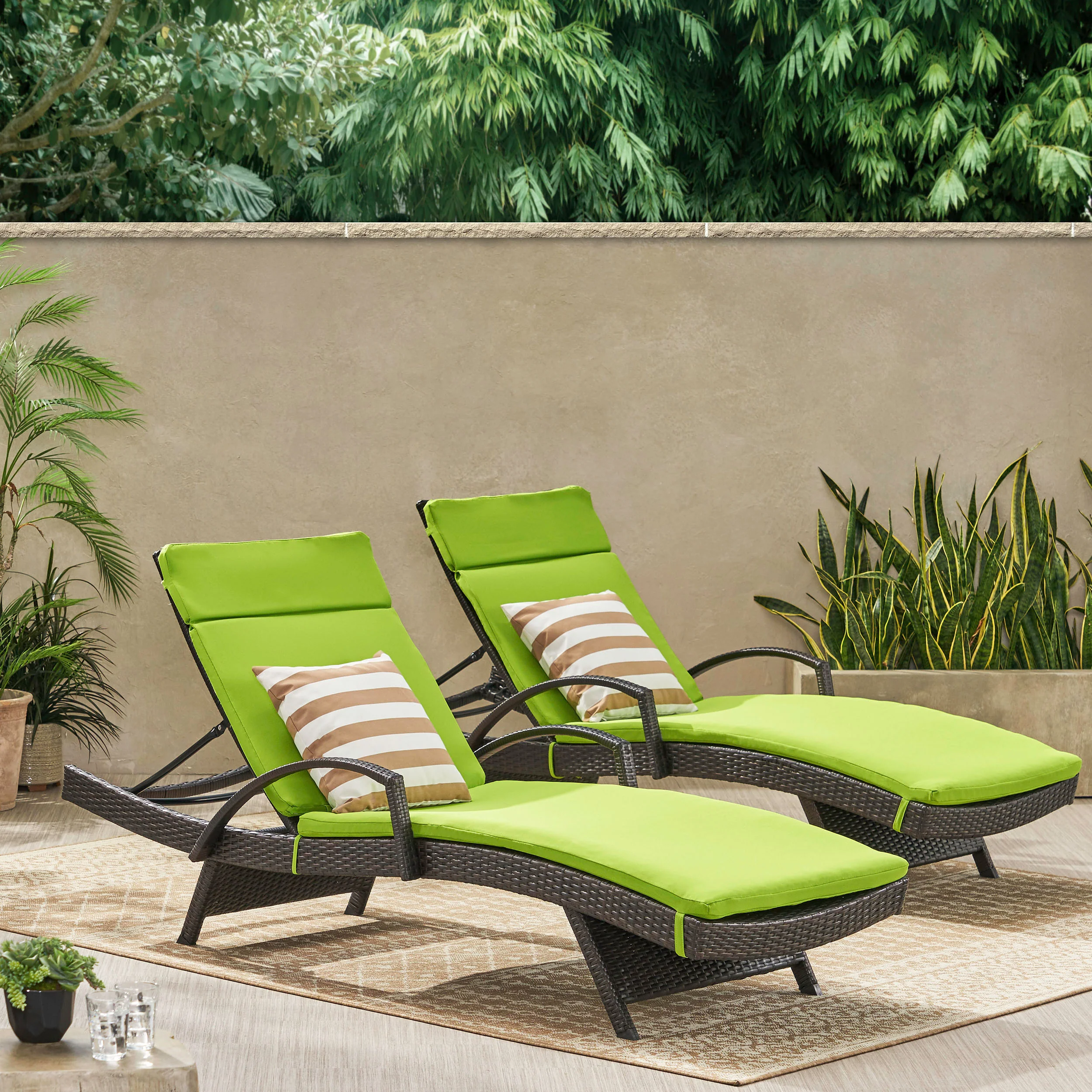 Lakeport Outdoor Wicker Armed Chaise Lounge Chairs w/ Cushions (set of 2) - furnishings