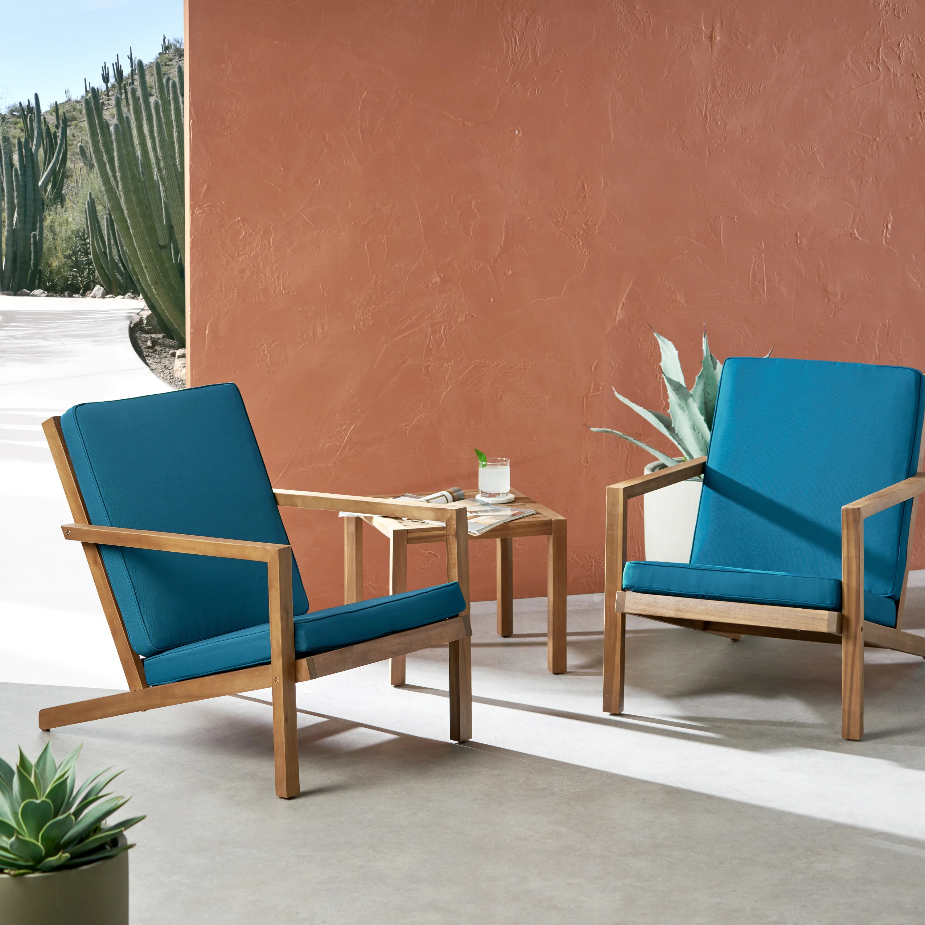Ludwig Outdoor Acacia Wood 3 Piece Chat Set with Cushions - furnishings