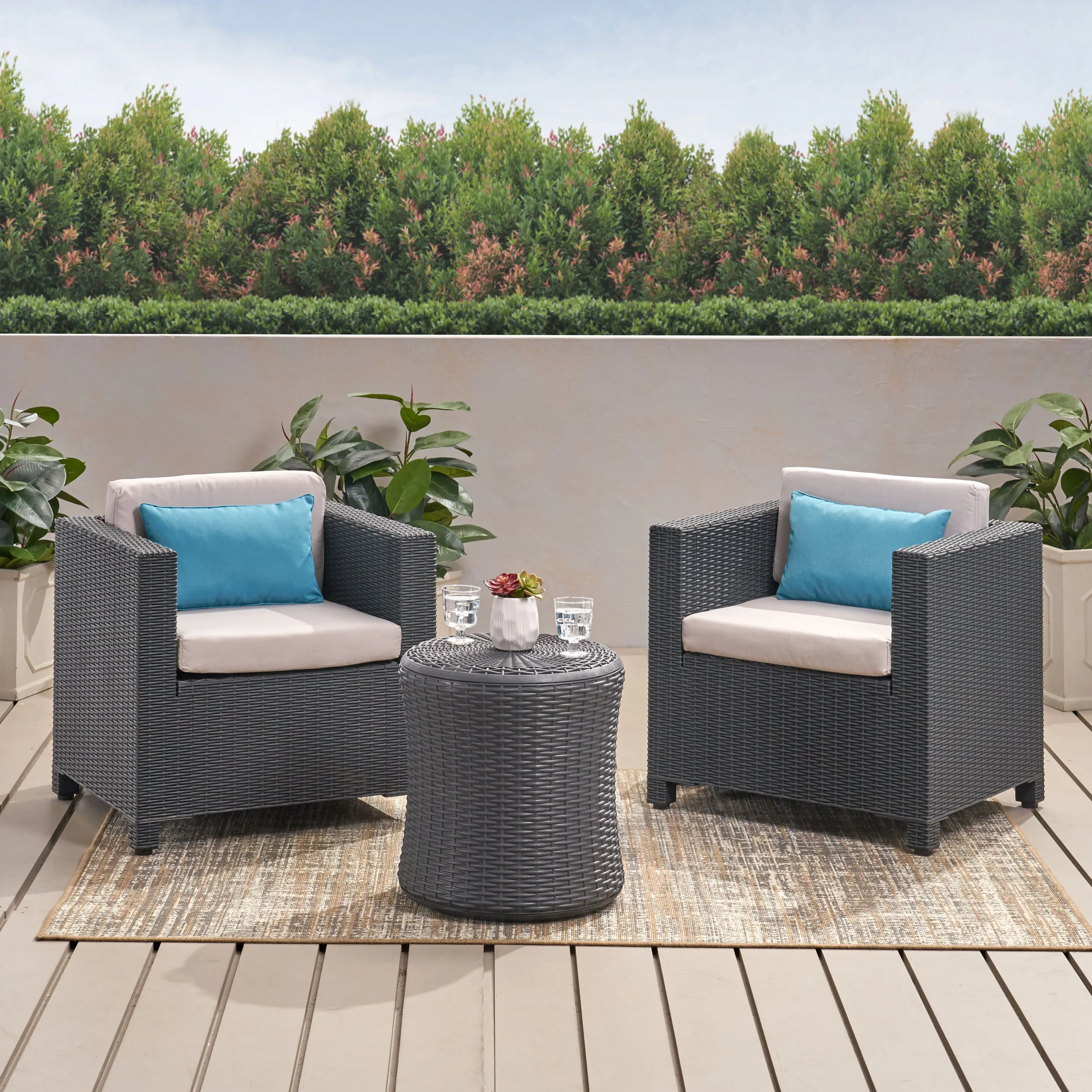 Iven Outdoor 2 Seater Faux Wicker Chat Set with Cushions - furnishings