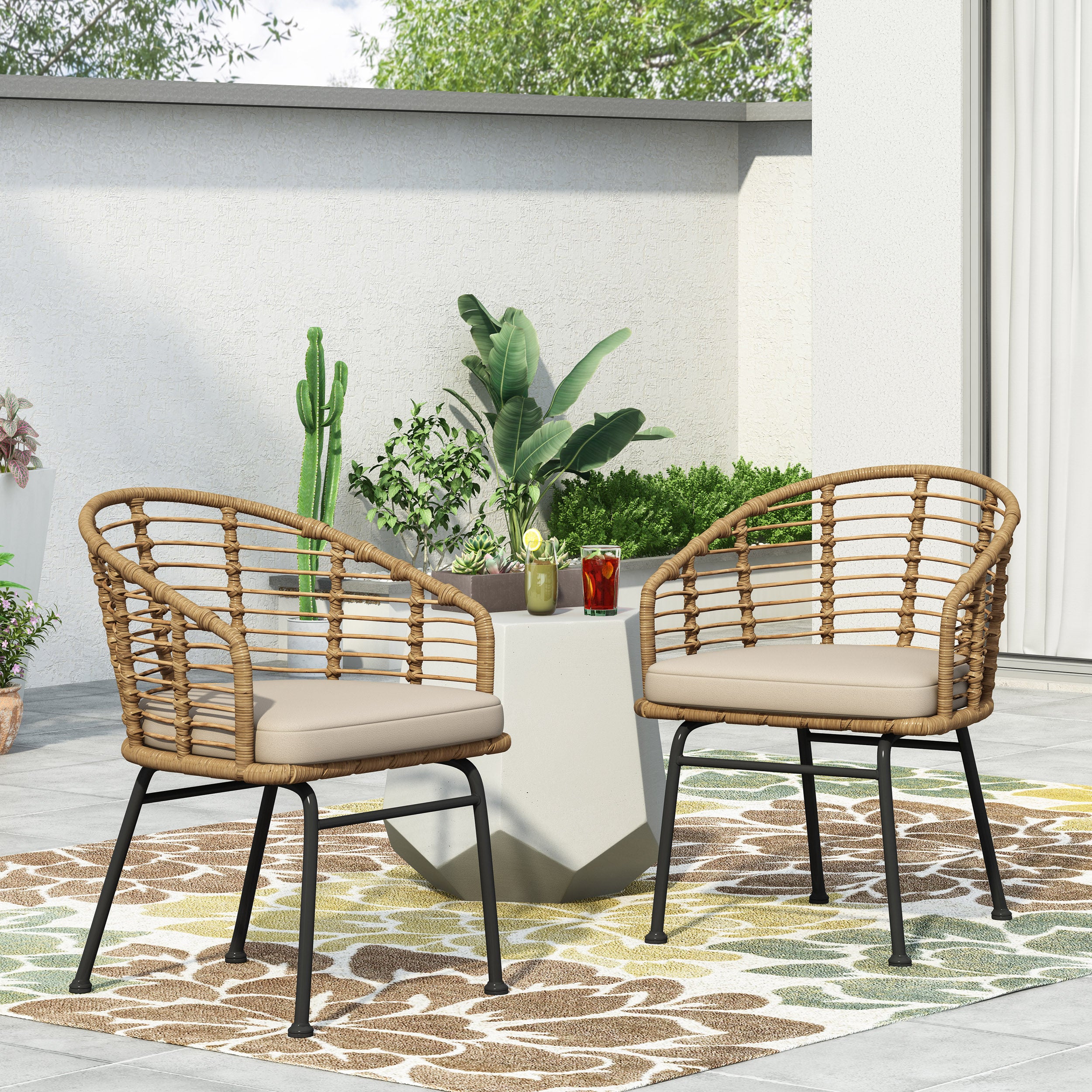 Monture Outdoor Wicker Chair with Water Resistant Cushion, Set of 2, Light Brown and Beige - furnishings