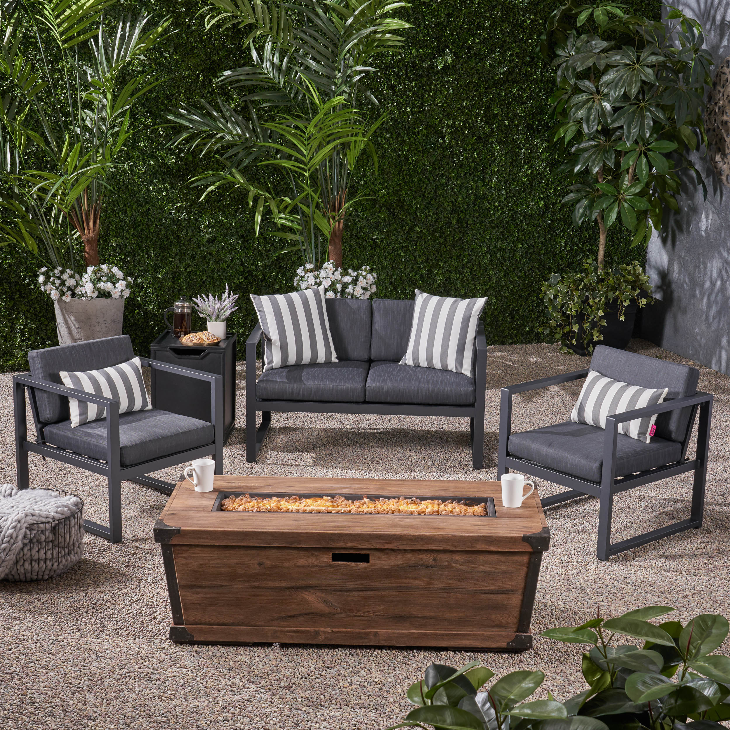 Miraclle Outdoor 3 Piece Aluminum Chat Set with Cushions and Fire Pit - furnishings