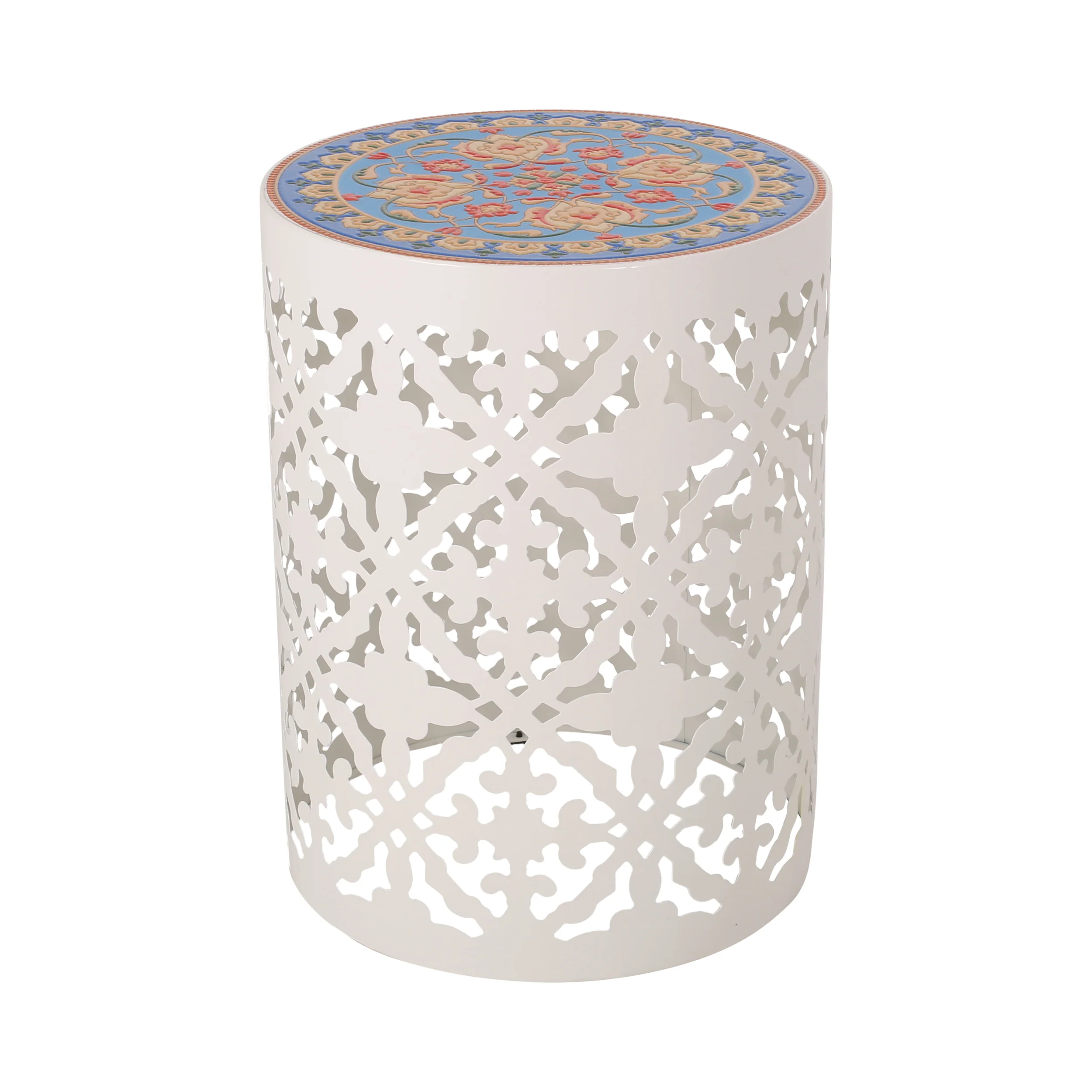 Kenzi Outdoor Lace Cut Side Table with Tile Top - furnishings