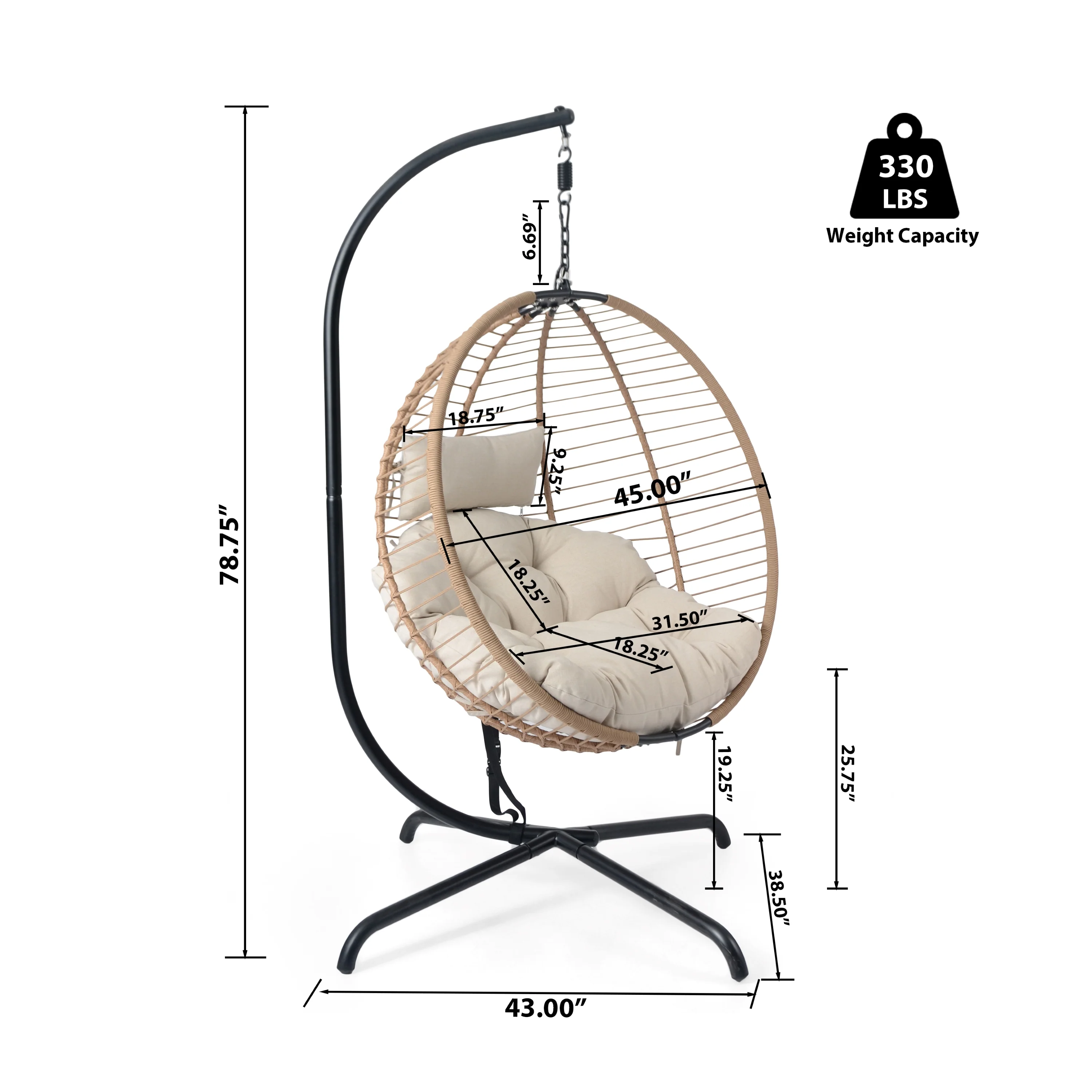 Luciane Outdoor Patio Hanging Basket Chair with Stand, Beige + Brown - furnishings