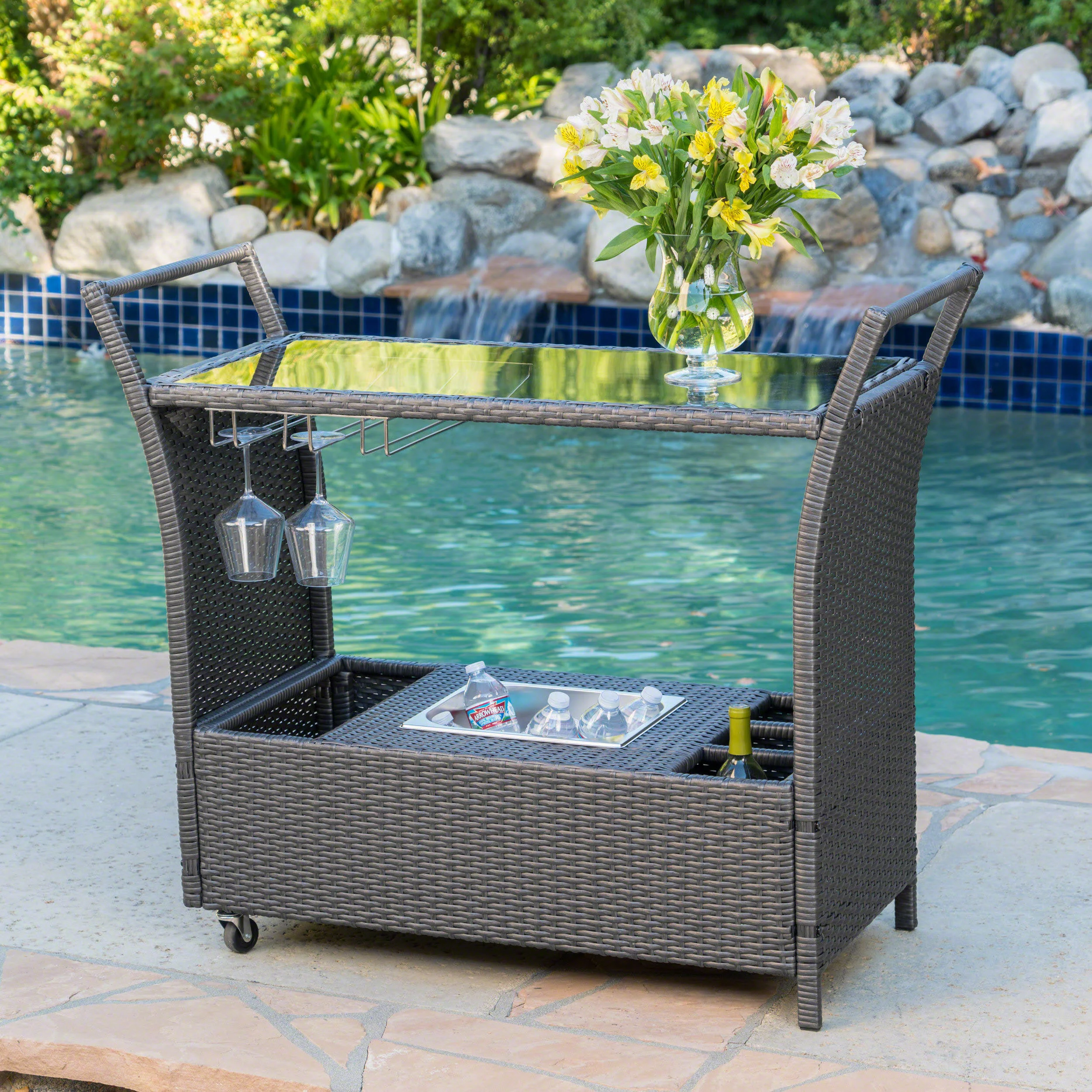 Benett Outdoor Wicker Serving Bar Cart - furnishings