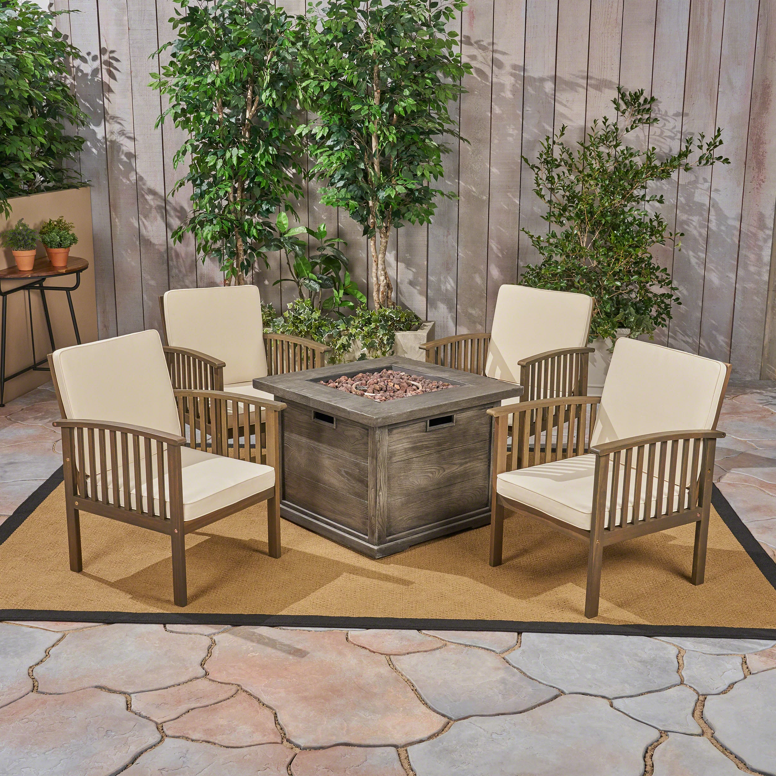 Cape Outdoor 4-Seater Acacia Wood Club Chairs with Firepit, Gray Finish and Cream and Wood Pattern - furnishings
