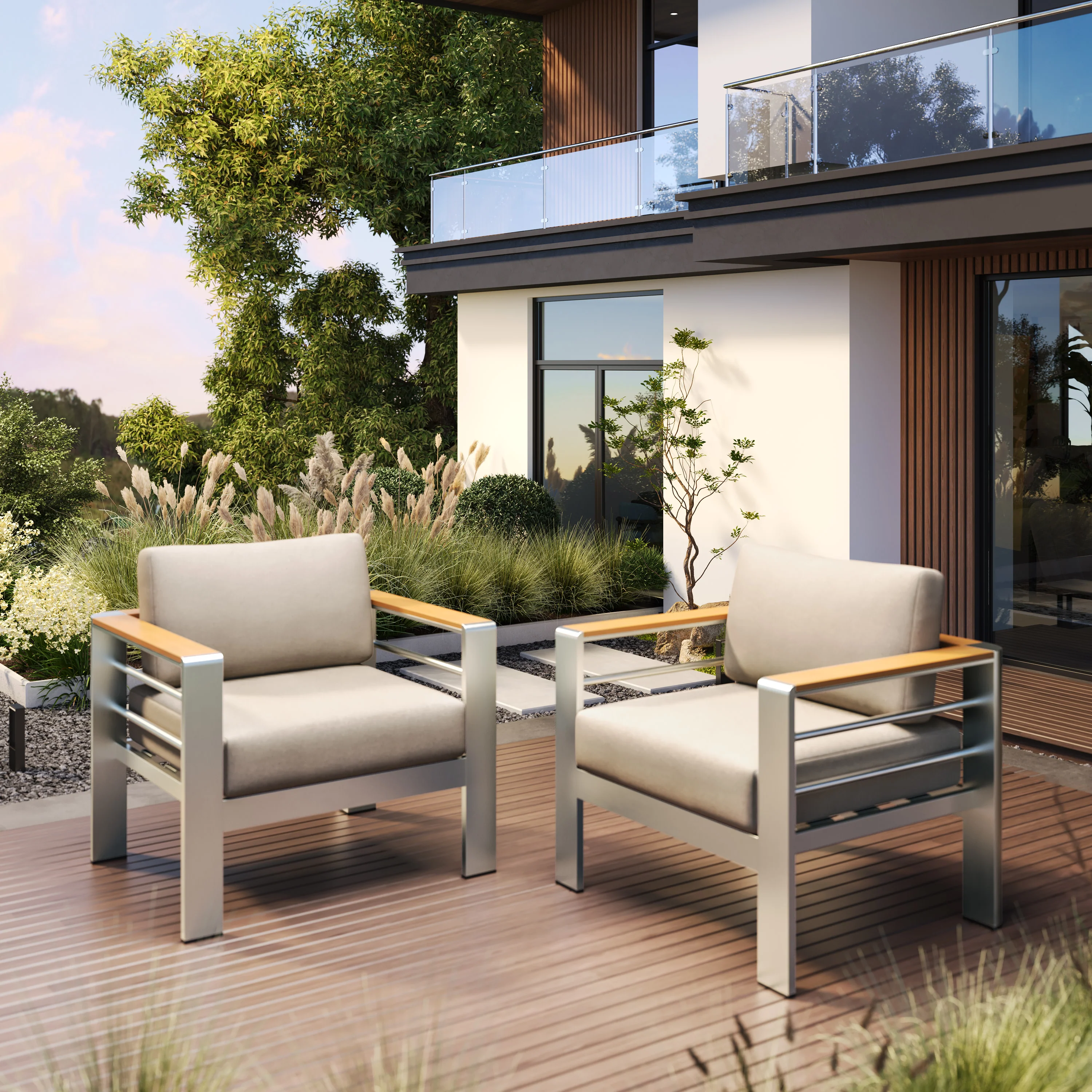 Therone Aluminum Outdoor Patio Club Chair with Beige Cushions - furnishings