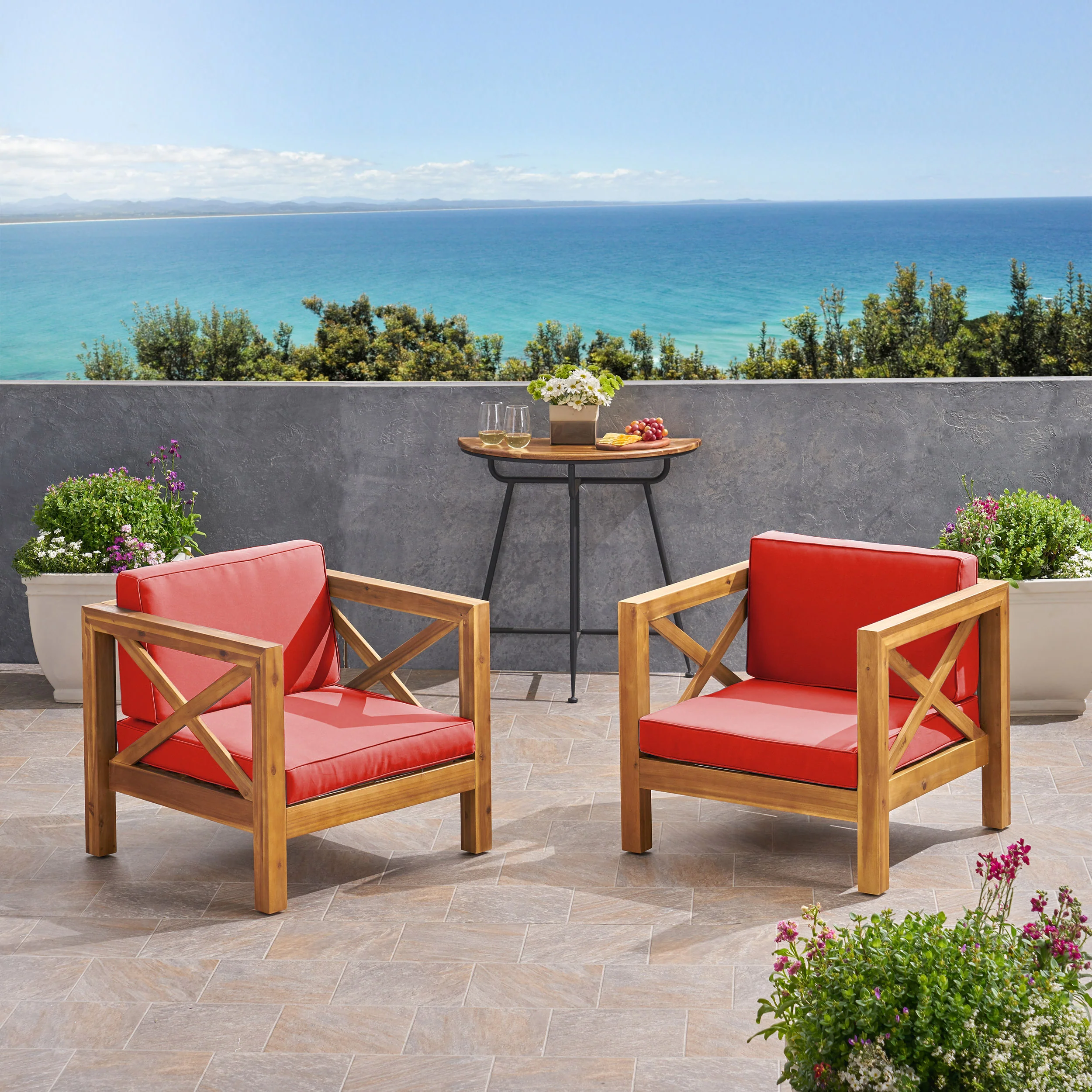 Indira Outdoor Acacia Wood Club Chairs with Cushions (Set of 2) - furnishings