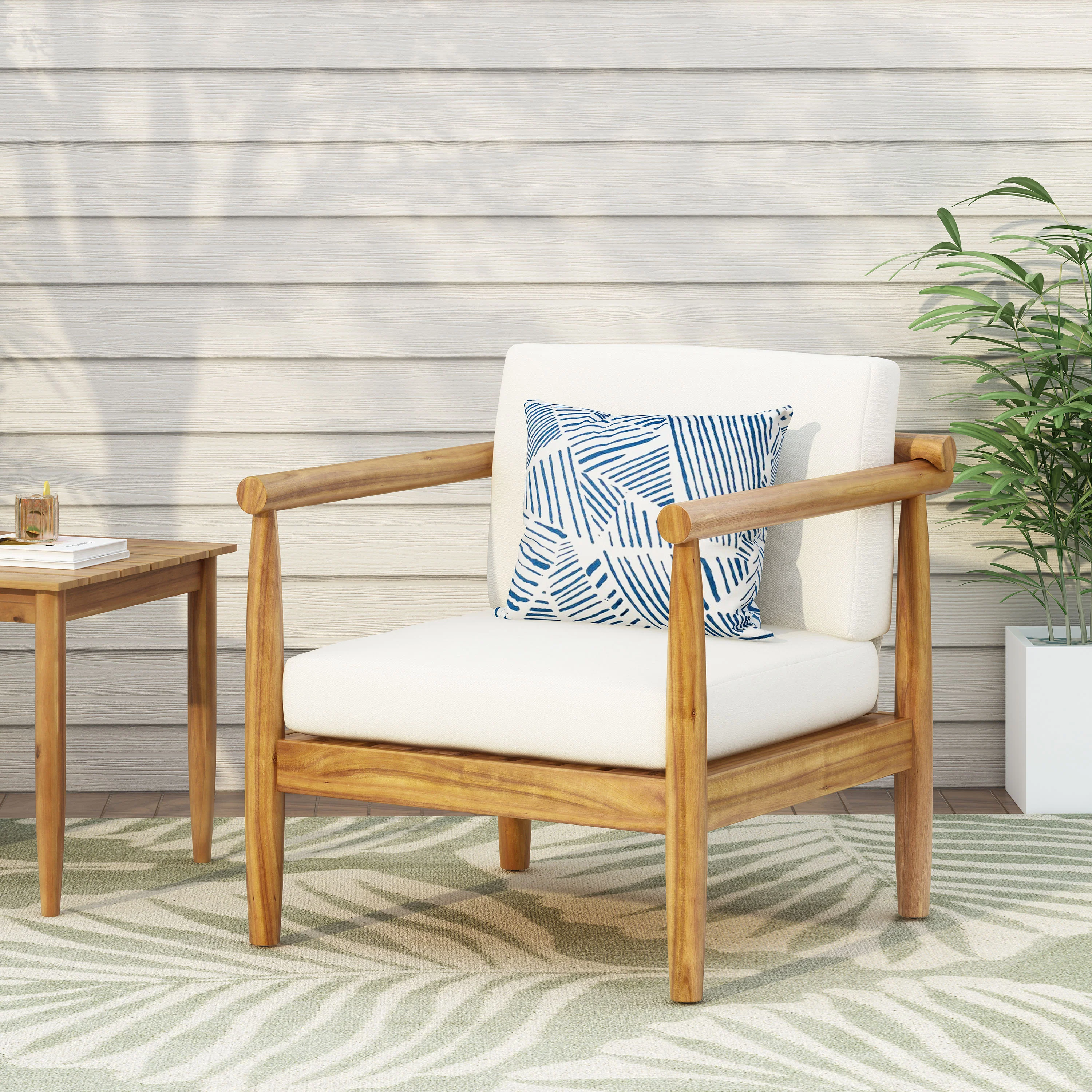 Benewah Outdoor Acacia Wood Club Chair with Cushions, Teak and Cream - furnishings