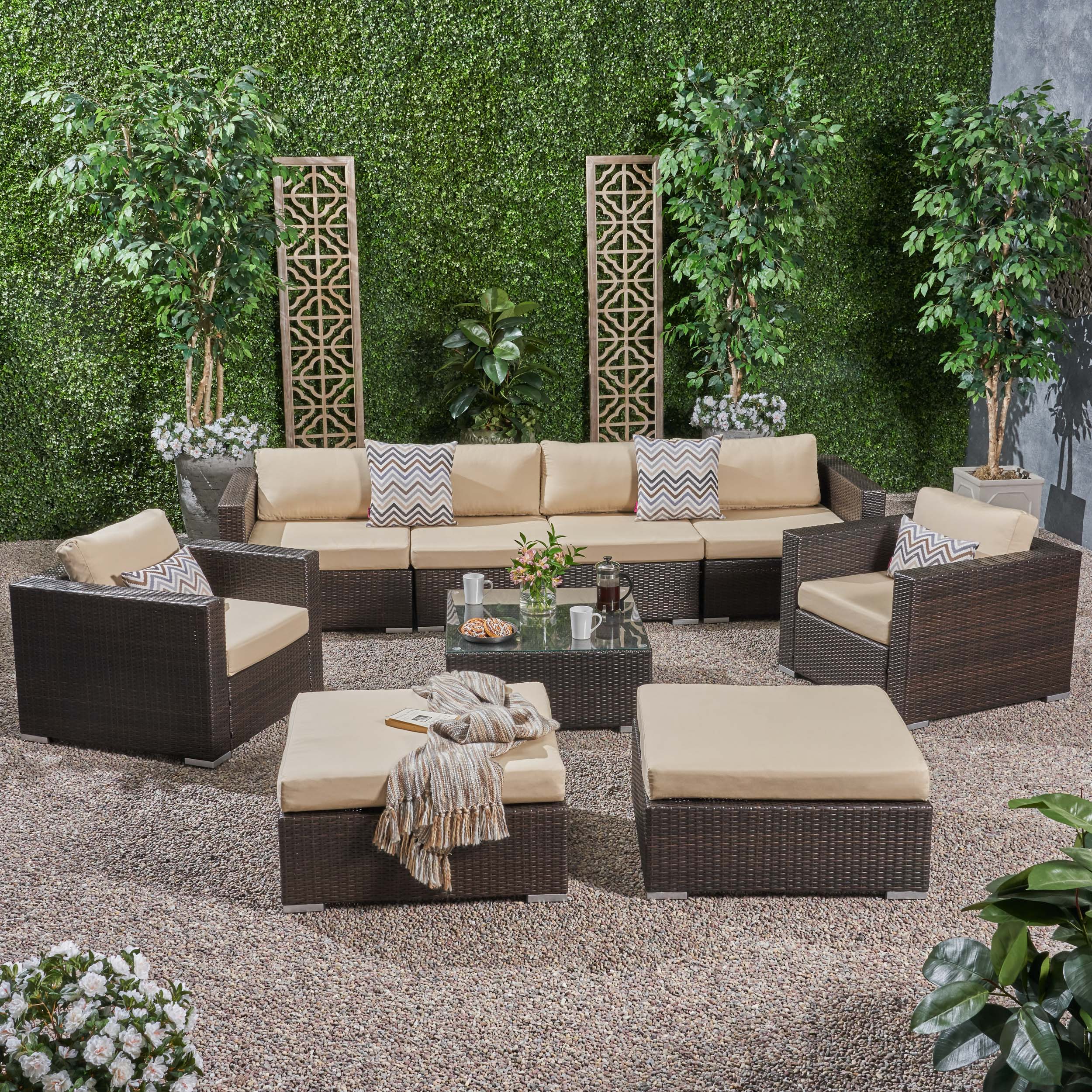 Kyra Outdoor 6 Seater Wicker Modular Sectional Sofa Set with Sunbrella Cushions - furnishings