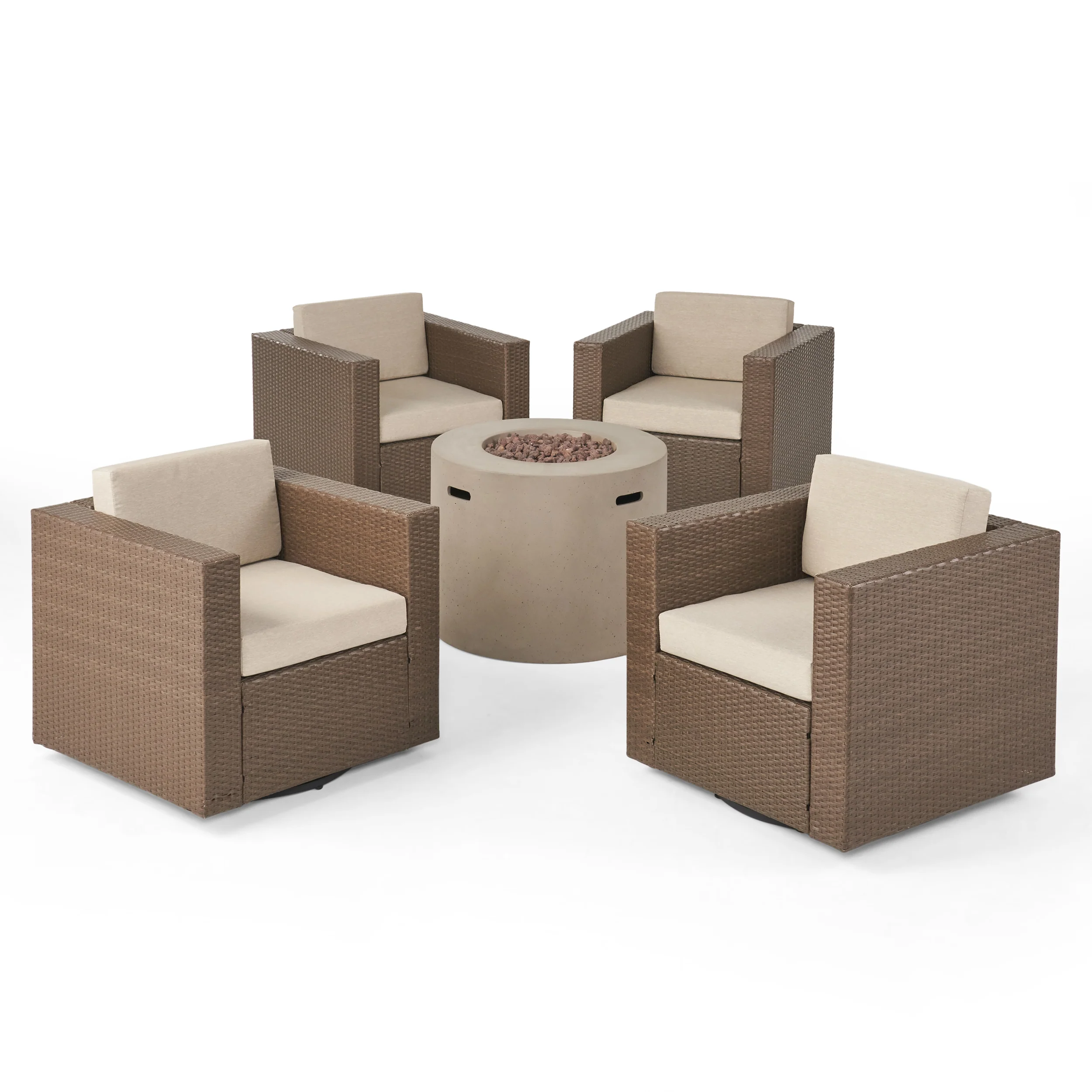 Leon Outdoor 4 Piece Swivel Club Chair Set with Round Fire Pit - furnishings