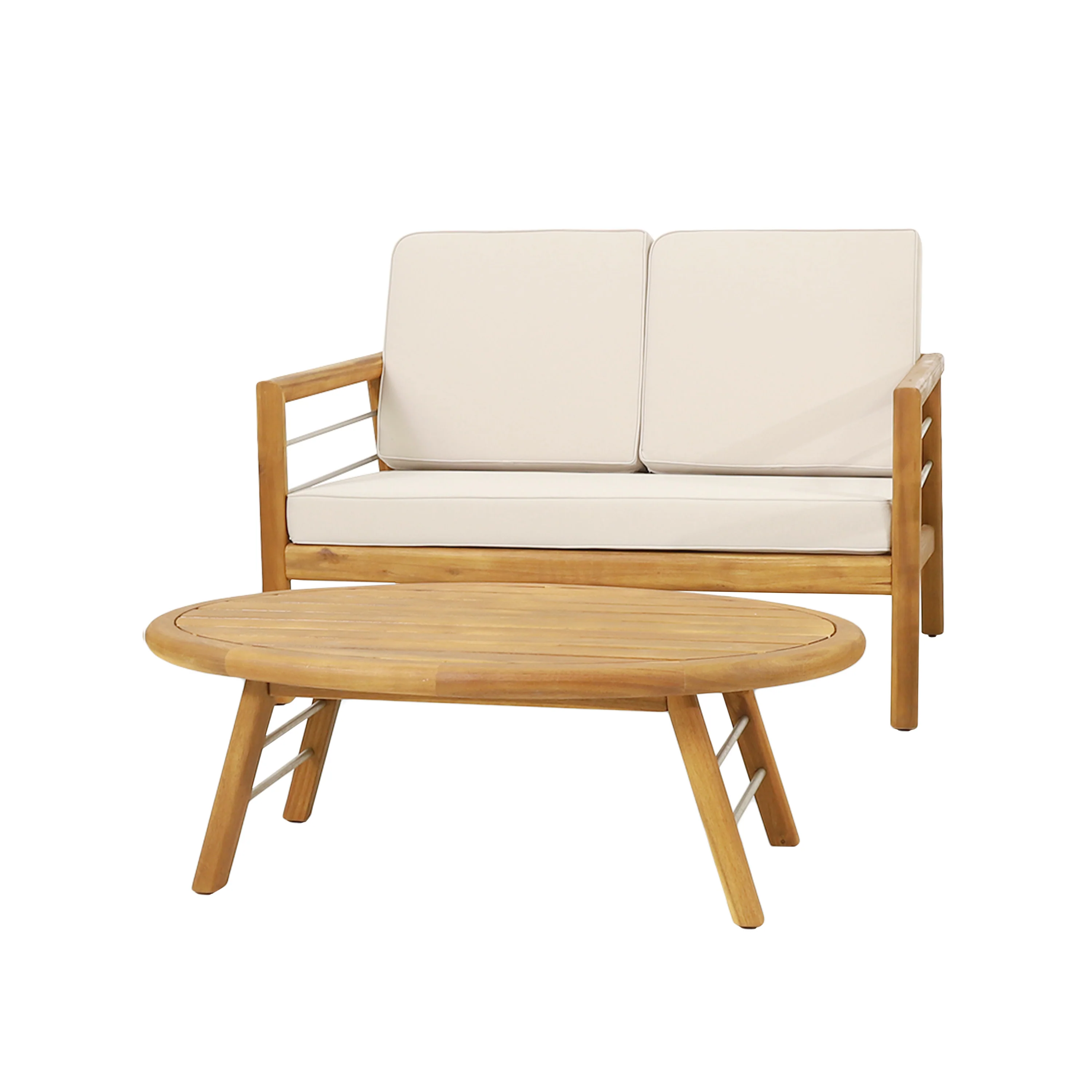Lindsey Outdoor Acacia Wood Loveseat and Coffee Table Set with Cushions, Teak, Silver, and Beige - furnishings