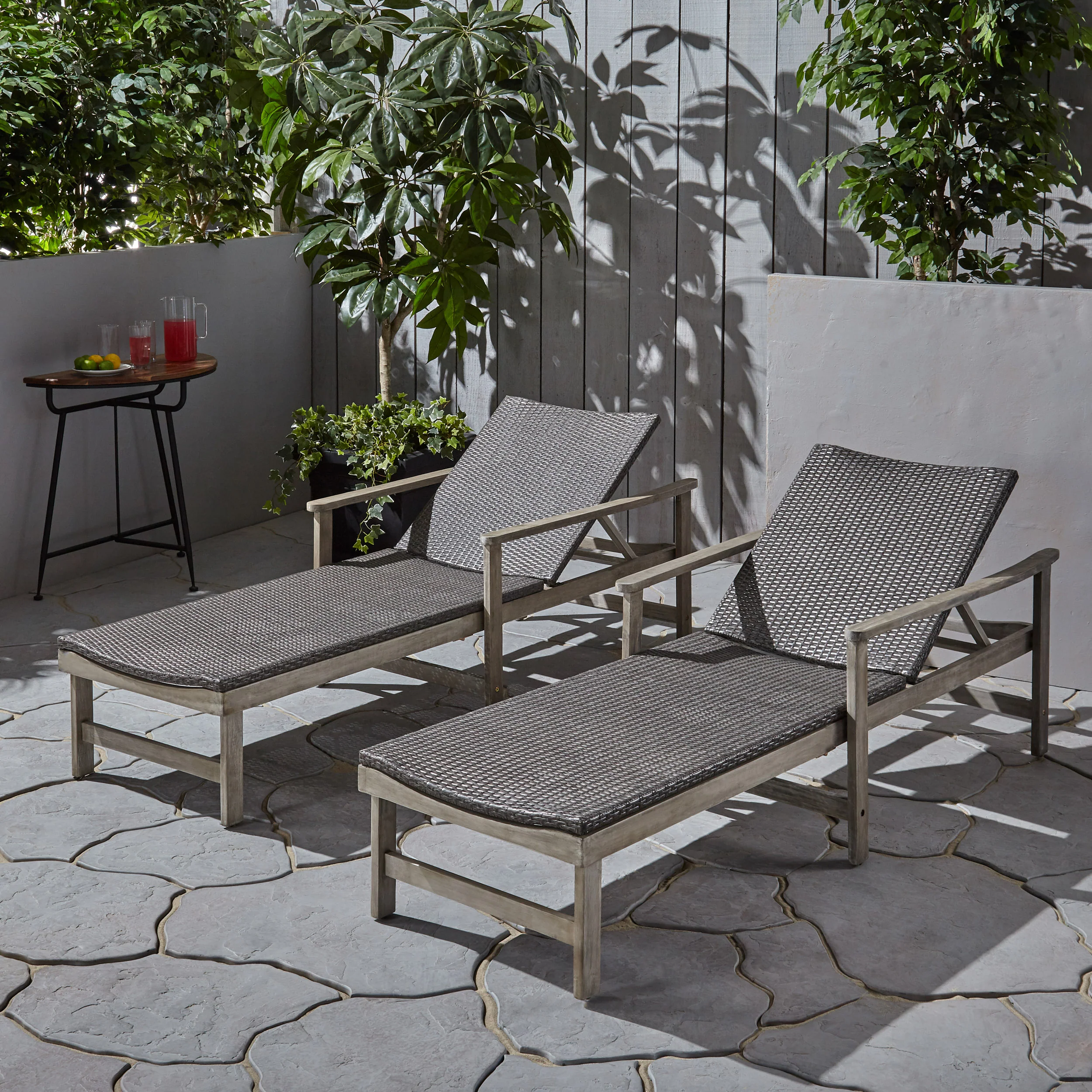Kyle Outdoor Rustic Acacia Wood Chaise Lounge with Wicker Seating - furnishings