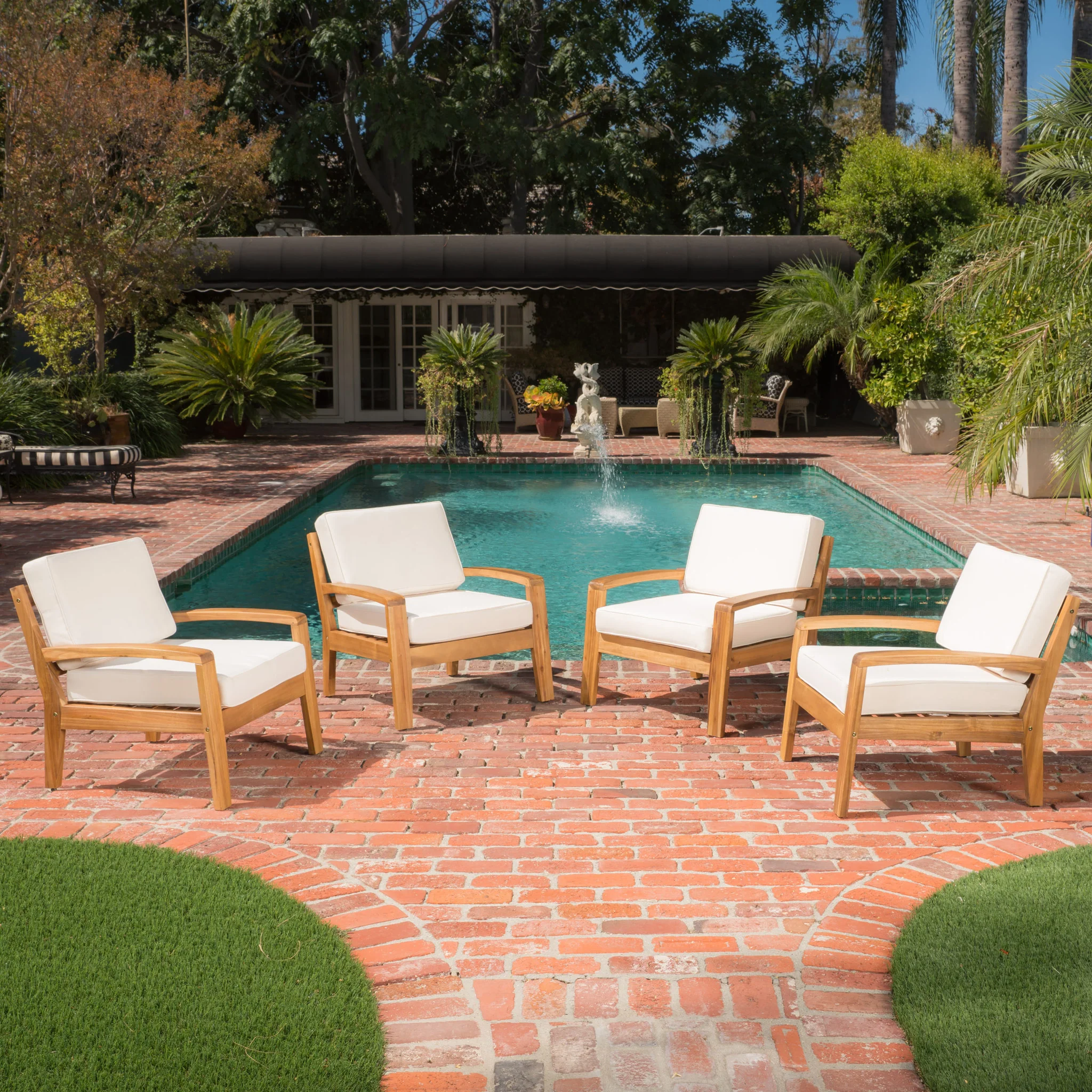 Parma Outdoor Wood Patio Furniture Club Chairs w/ Water Resistant Cushions (Set of 4) - furnishings