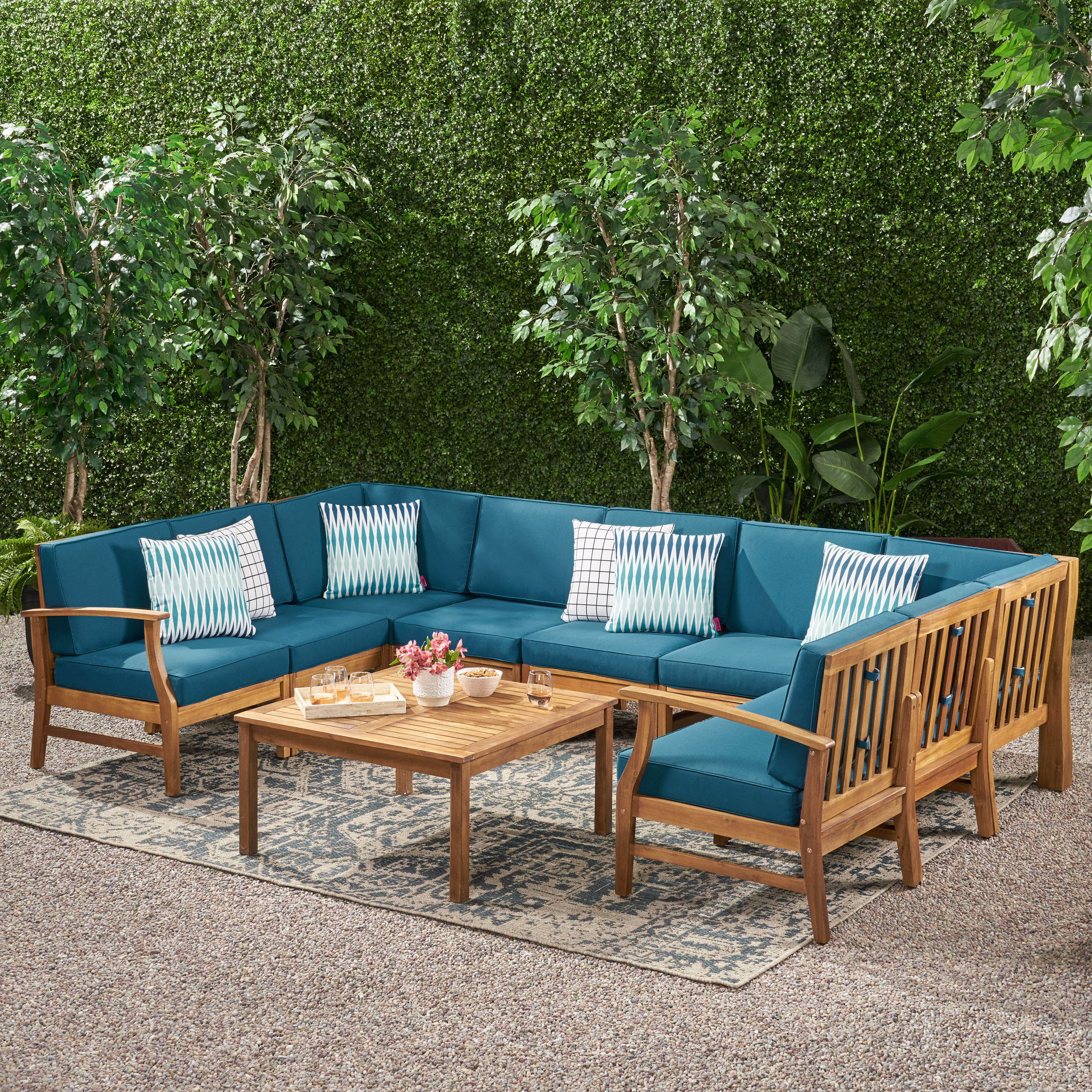 Judith Outdoor 9 Seater Acacia Wood Sectional Sofa Set with Cushions - furnishings