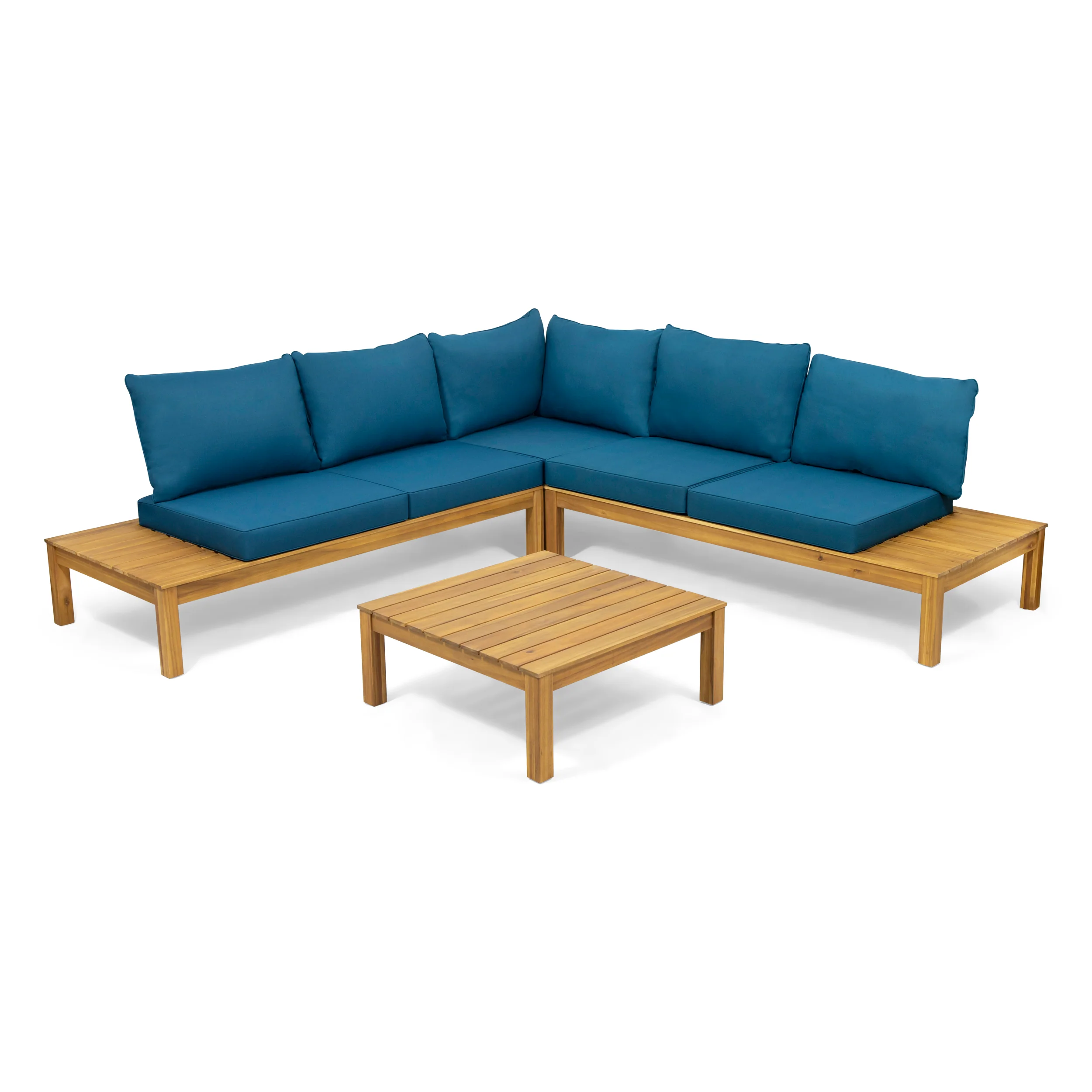 Vashti Outdoor 5 Seater V Shaped Acacia Wood Sectional Sofa Set with Cushions - furnishings