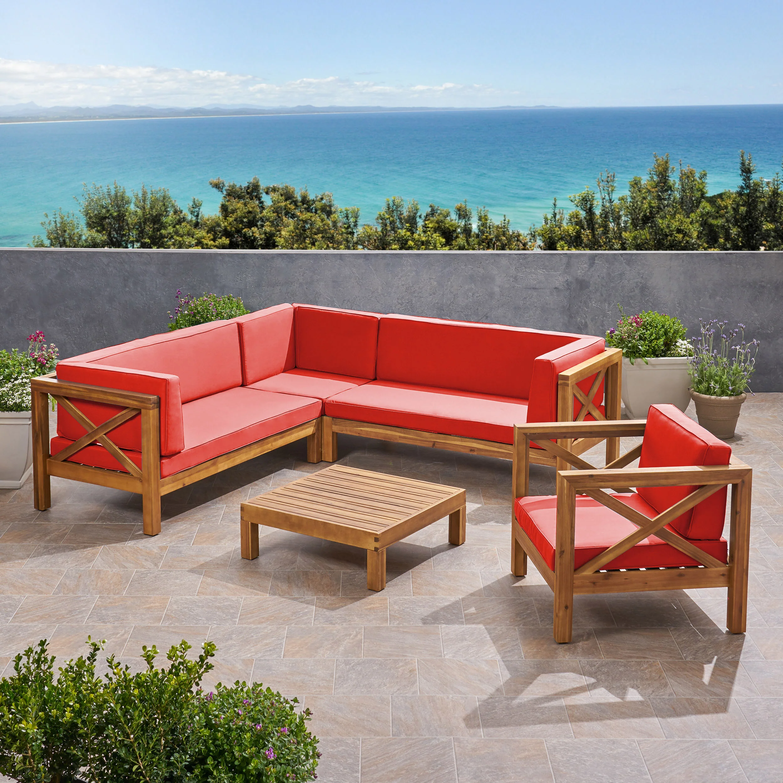 Morgan Outdoor 6 Seater Acacia Wood Sectional Sofa and Club Chair Set - furnishings