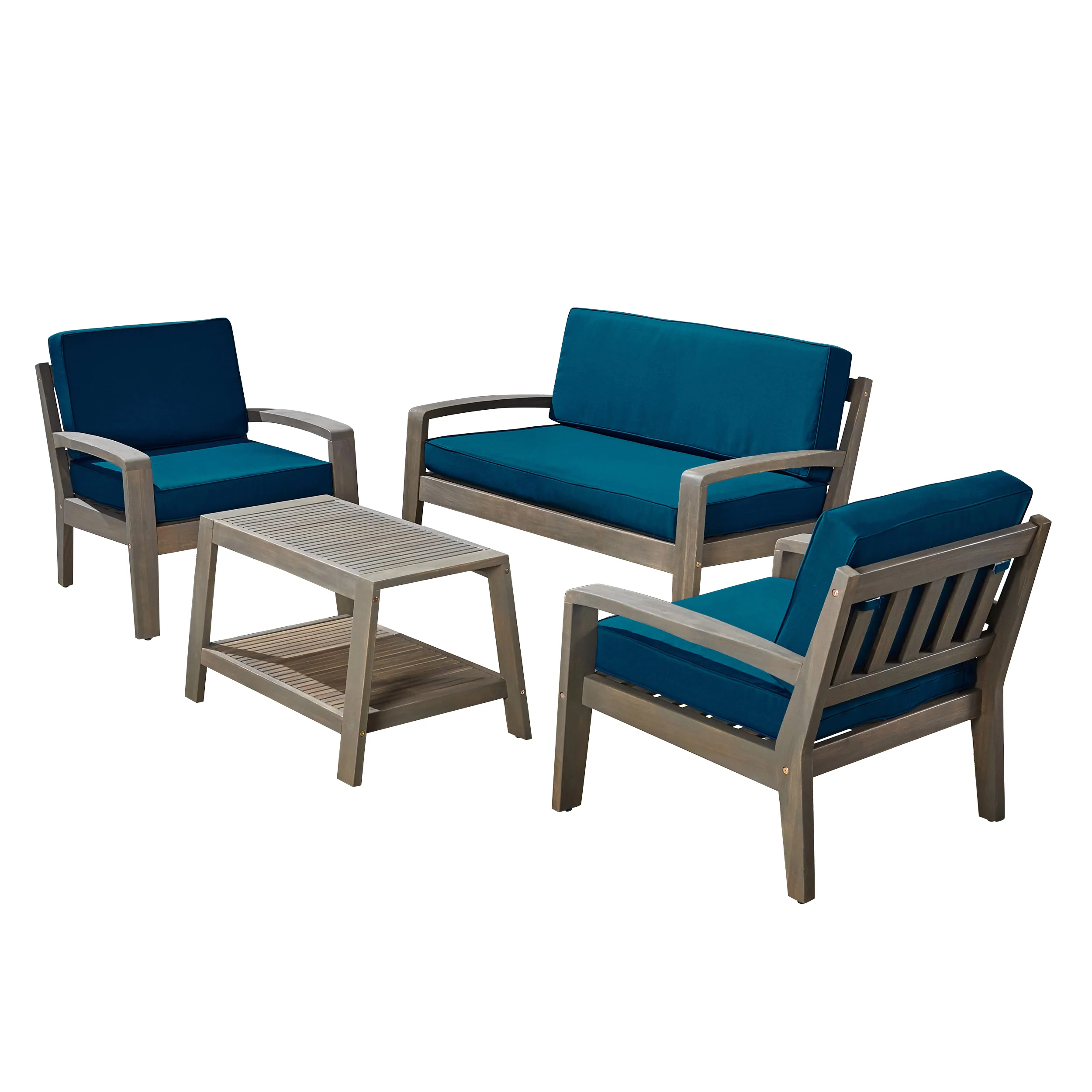 Parma Patio Acacia Wood 4-Seater Conversation Set with Coffee Table and Cushions - furnishings