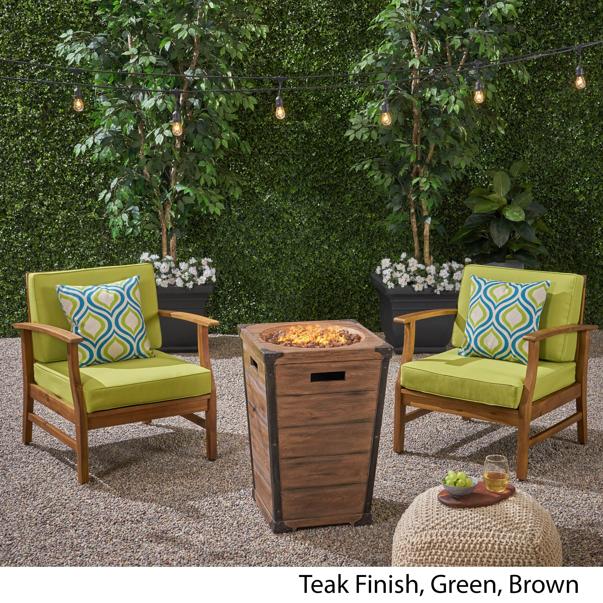 Capri Outdoor 2 Piece Acacia Wood Club Chair Set with Cushions and Fire Column - furnishings