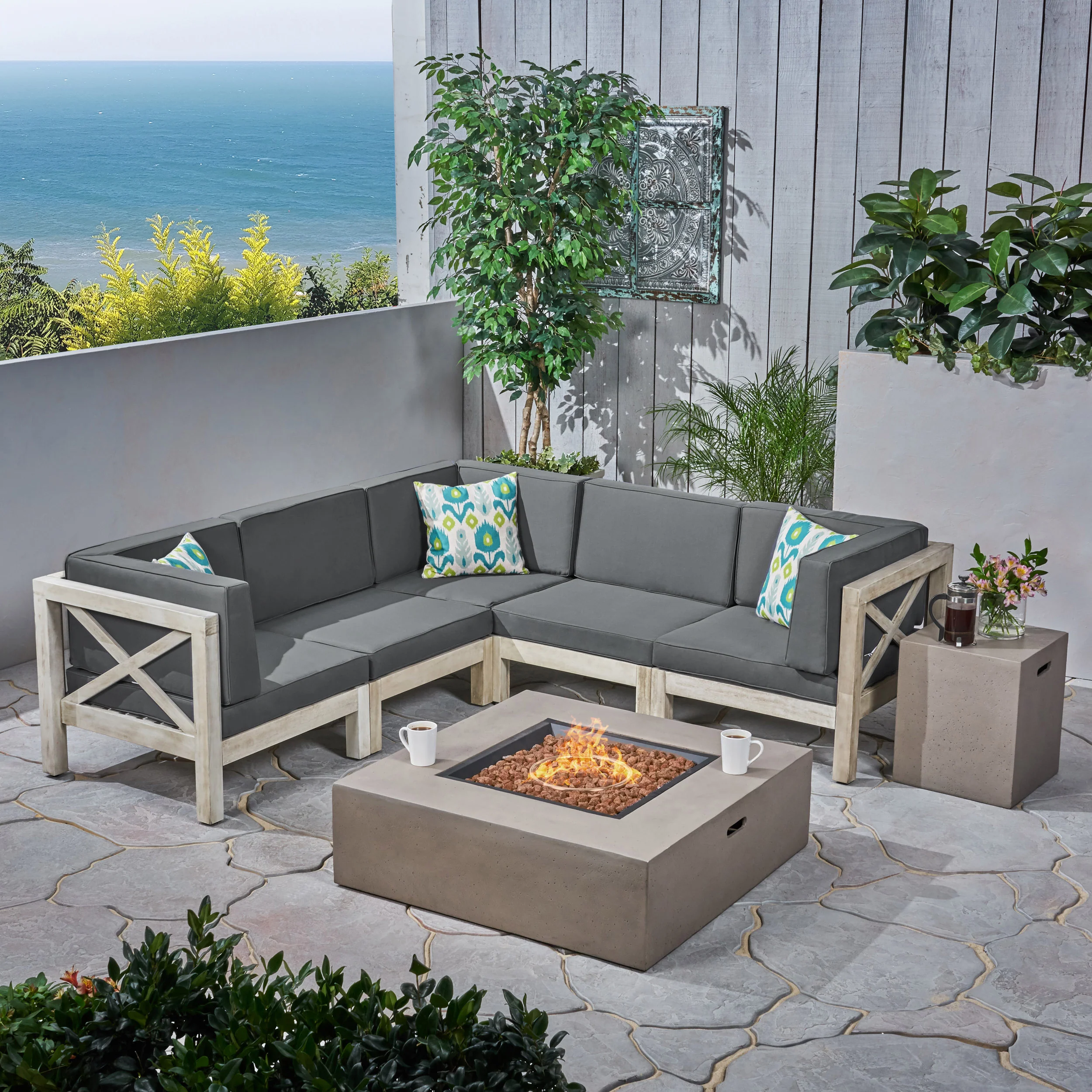 Cynthia Outdoor Acacia Wood 5 Seater Sectional Sofa Set with Fire Pit - furnishings