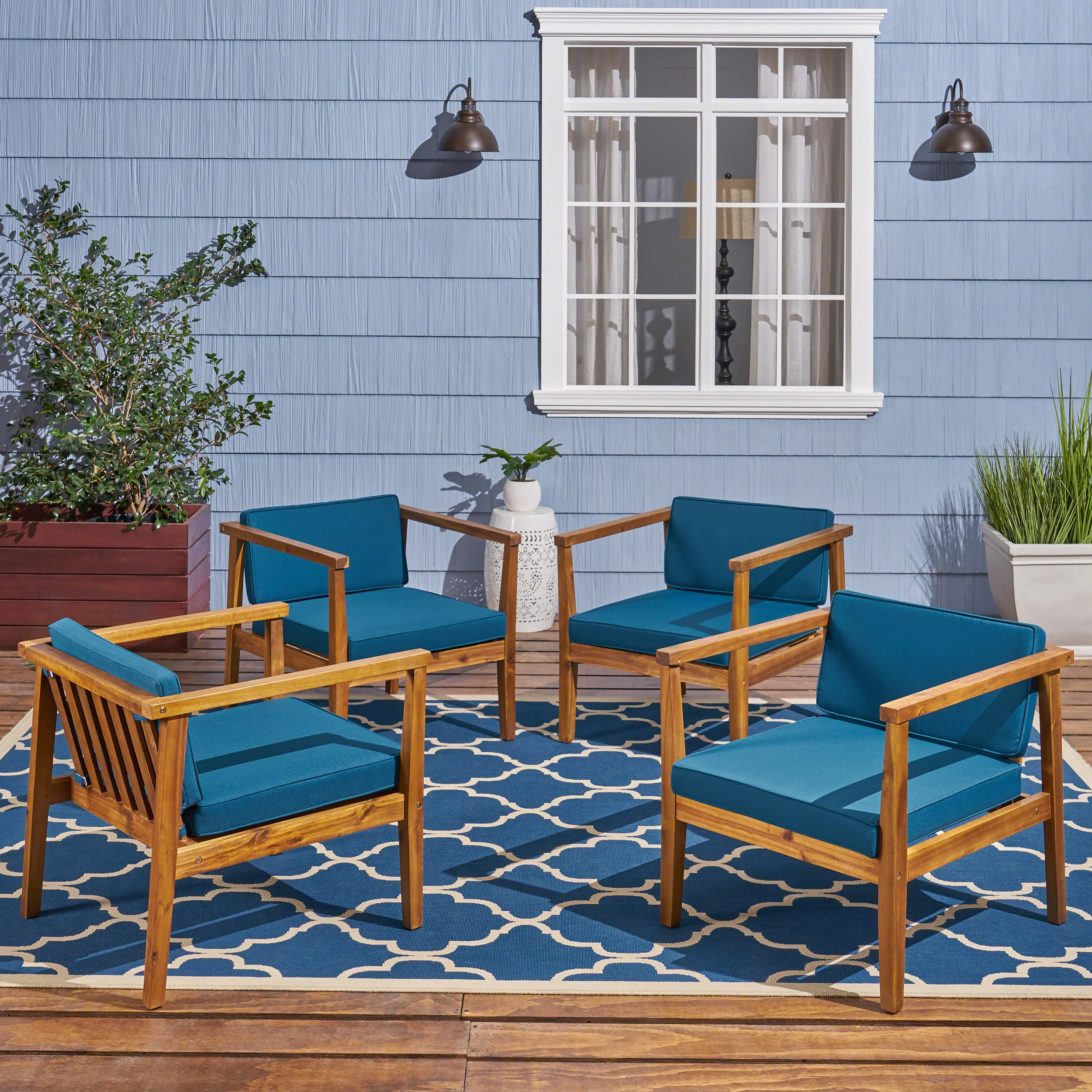 Thomson Outdoor Acacia Wood Club Chairs with Water-Resistant Cushions (Set of 4) - furnishings