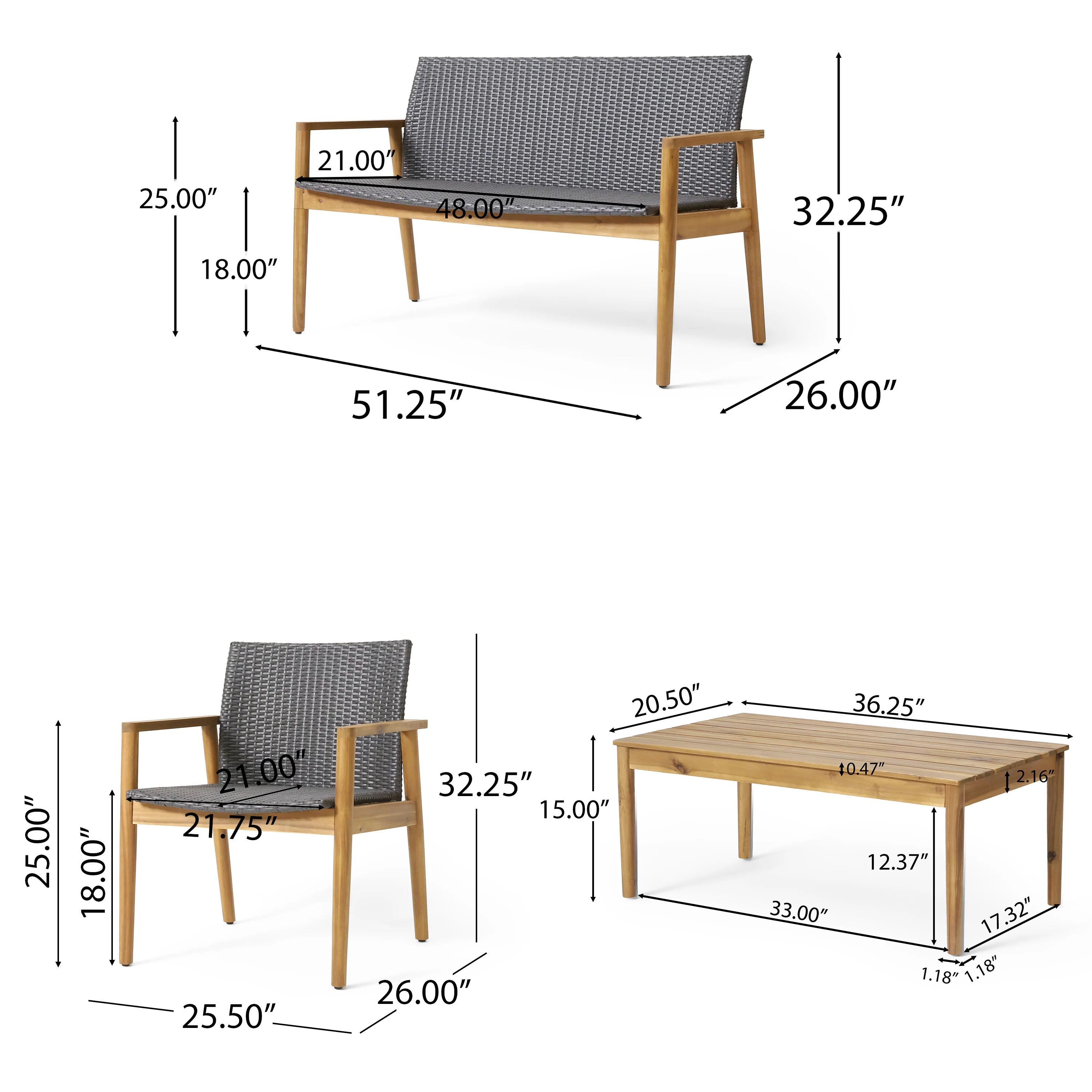 Alamosa Outdoor Wicker and Acacia Wood 4 Seater Chat , Gray and Teak - furnishings