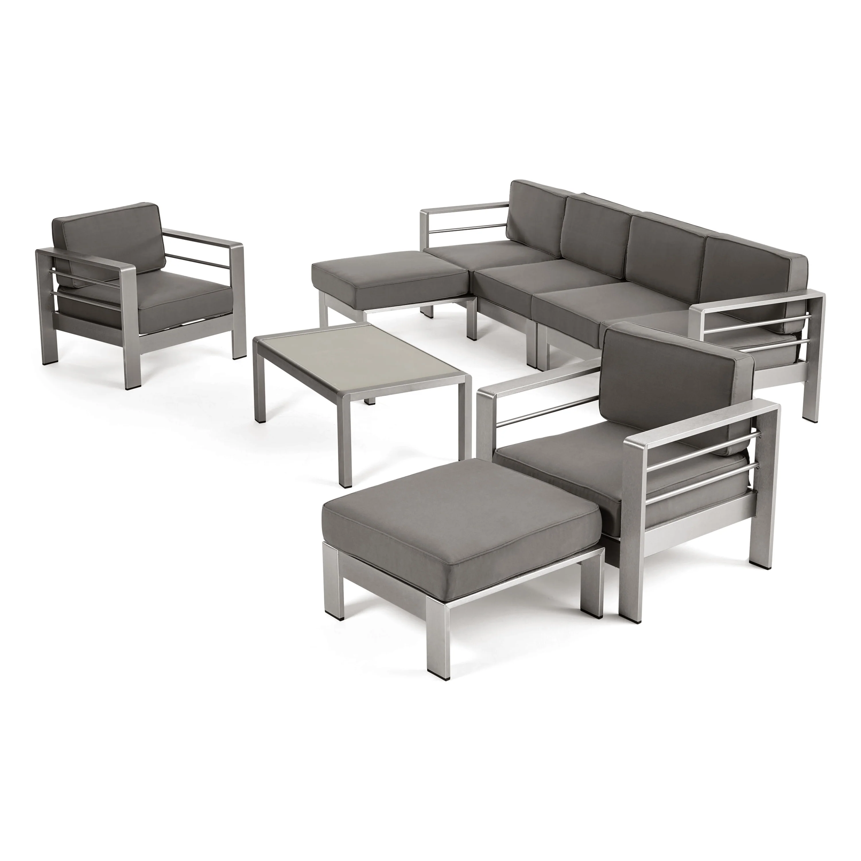 Emily Coral Outdoor Aluminum 6-Seater Sectional Sofa Set with Ottomans and Coffee Table, Silver and Gray - furnishings