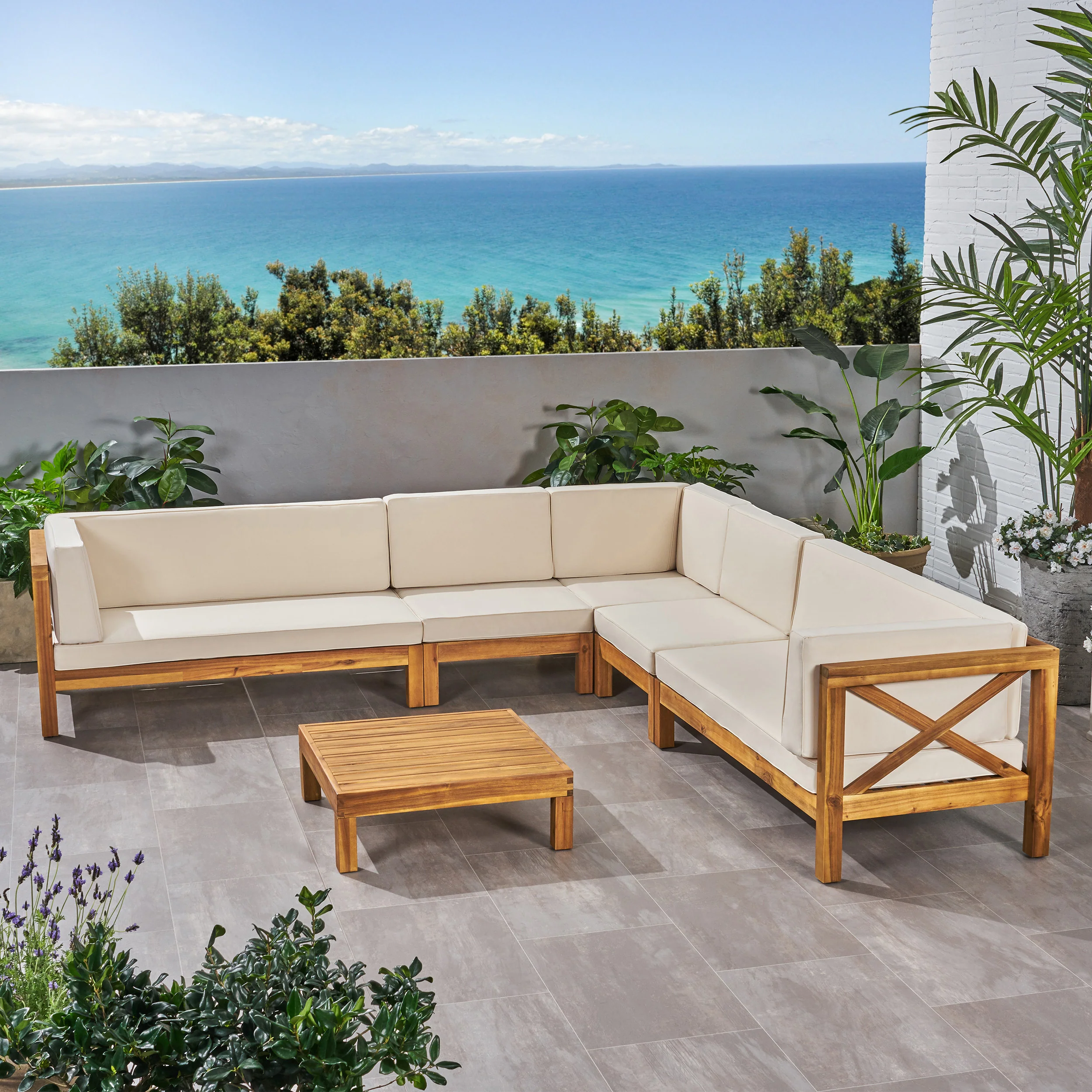 Cynthia Outdoor 7 Seater Acacia Wood Sectional Sofa Set - furnishings