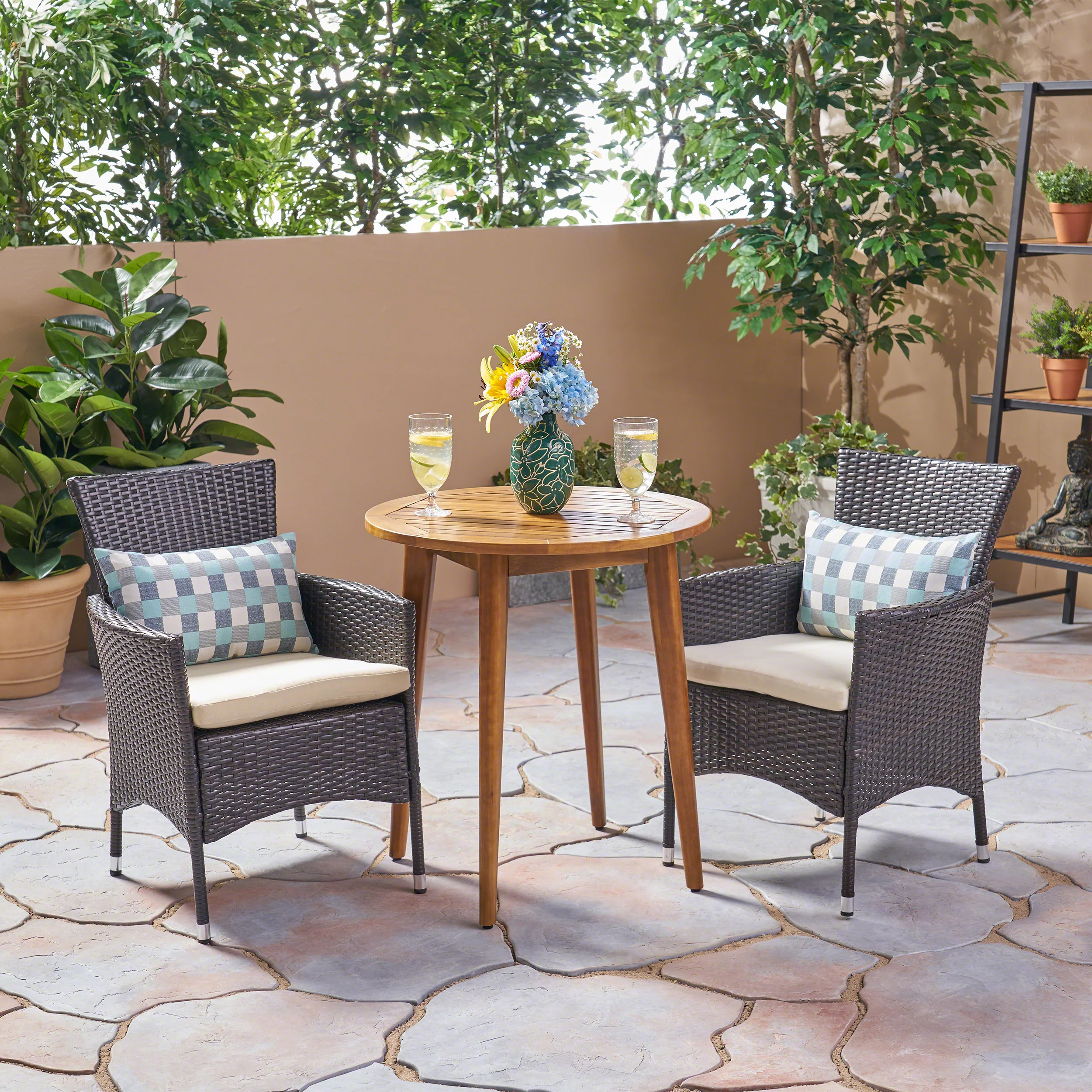 Land Outdoor 3 Piece Wood  and Wicker Bistro Set - furnishings