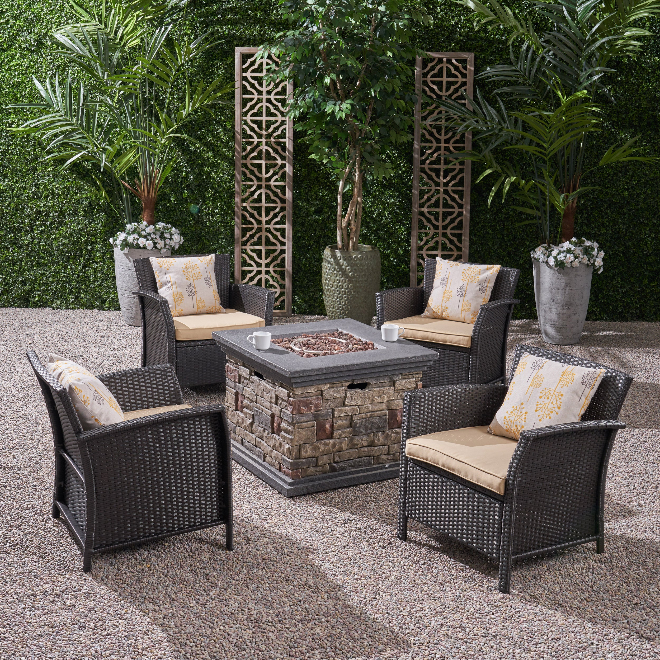 Laiah Outdoor 4 Piece Wicker Club Chair Chat Set with Fire Pit - furnishings