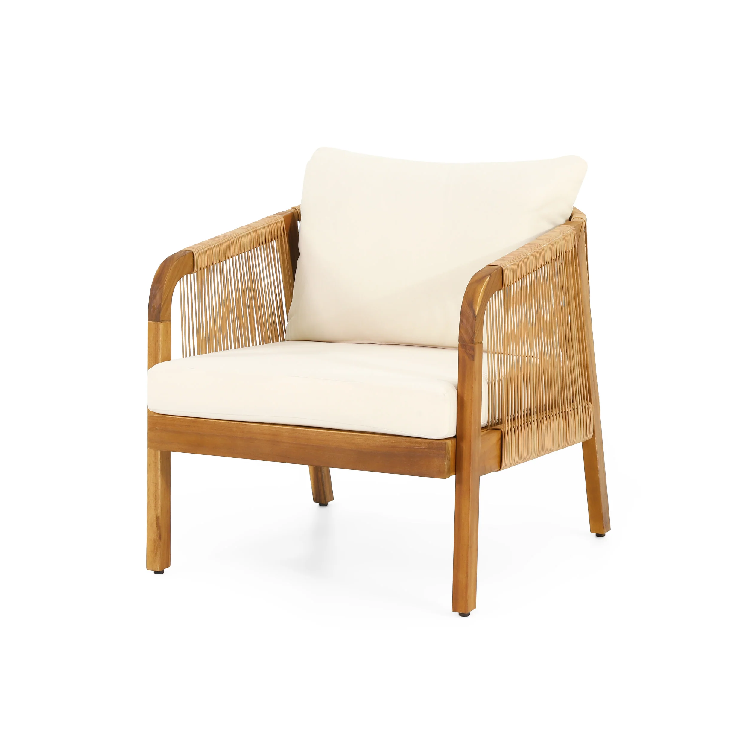 Allerton Outdoor Acacia Wood and Wicker Club Chair with Cushions, Teak, Light Brown, and Beige - furnishings